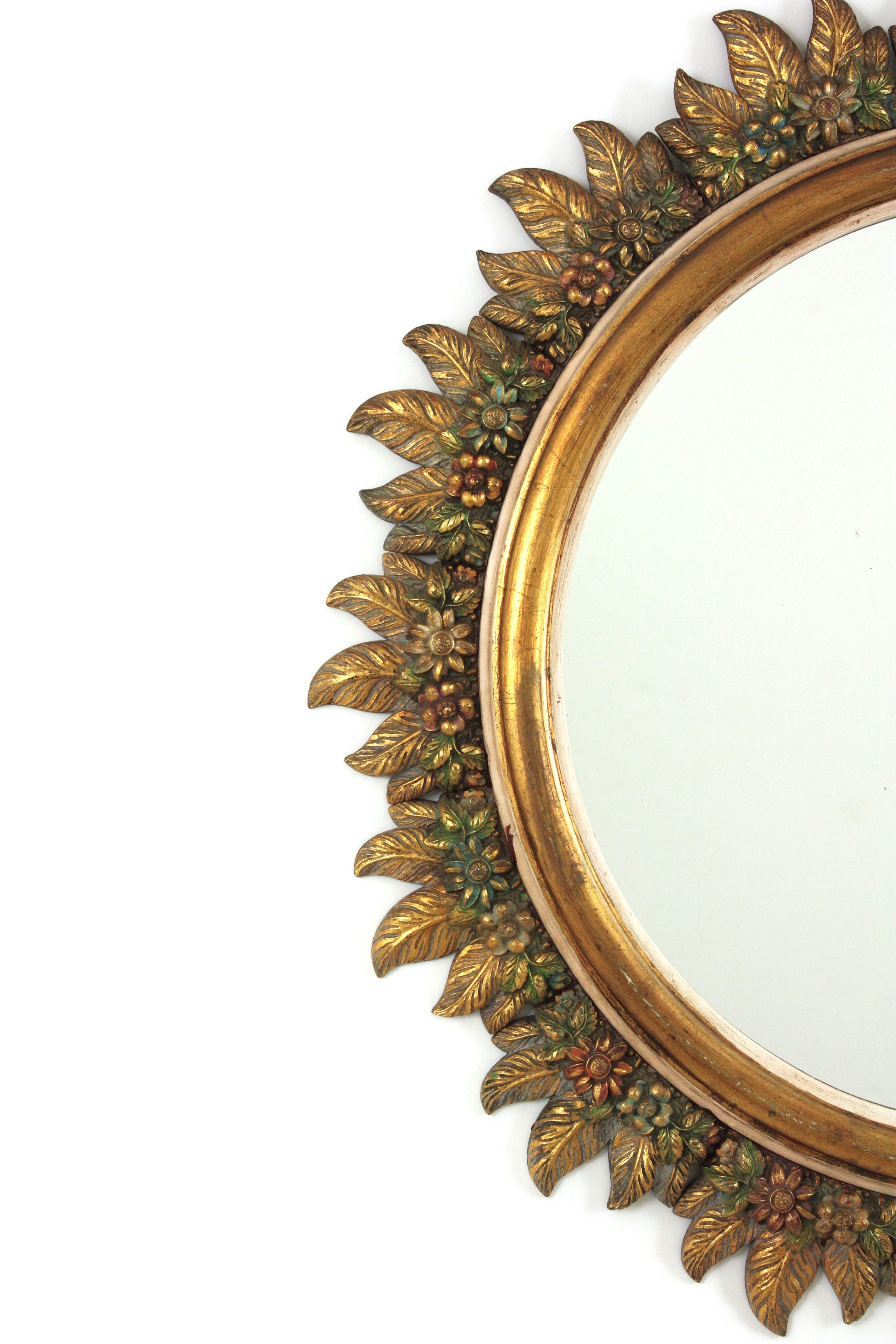 XX secolo Spanish Sunburst Mirror in Giltwood with Flowers Carved Frame, 1950s in vendita
