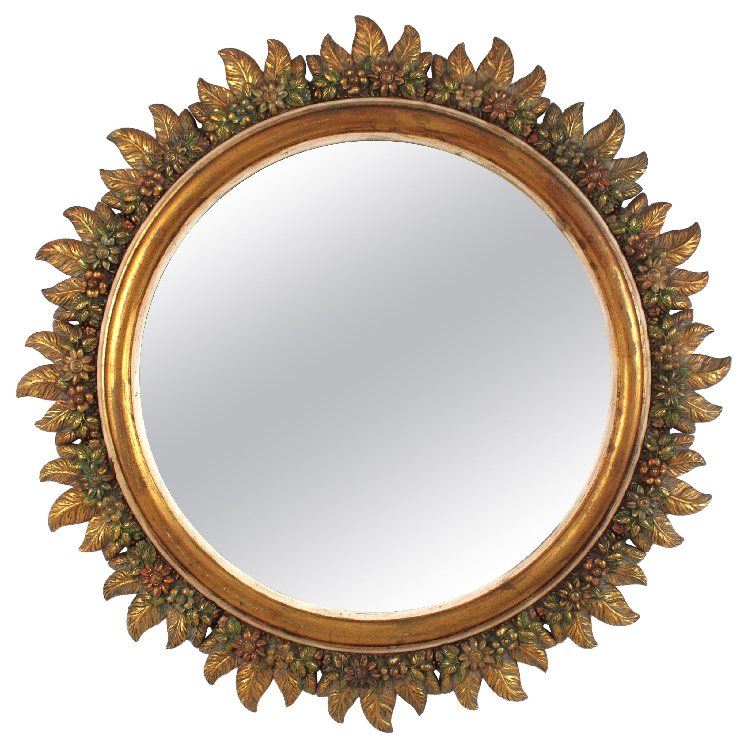 Spanish Sunburst Mirror in Giltwood with Flowers Carved Frame, 1950s