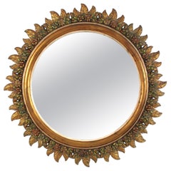 Spanish Sunburst Mirror in Giltwood with Flowers Carved Frame, 1950s