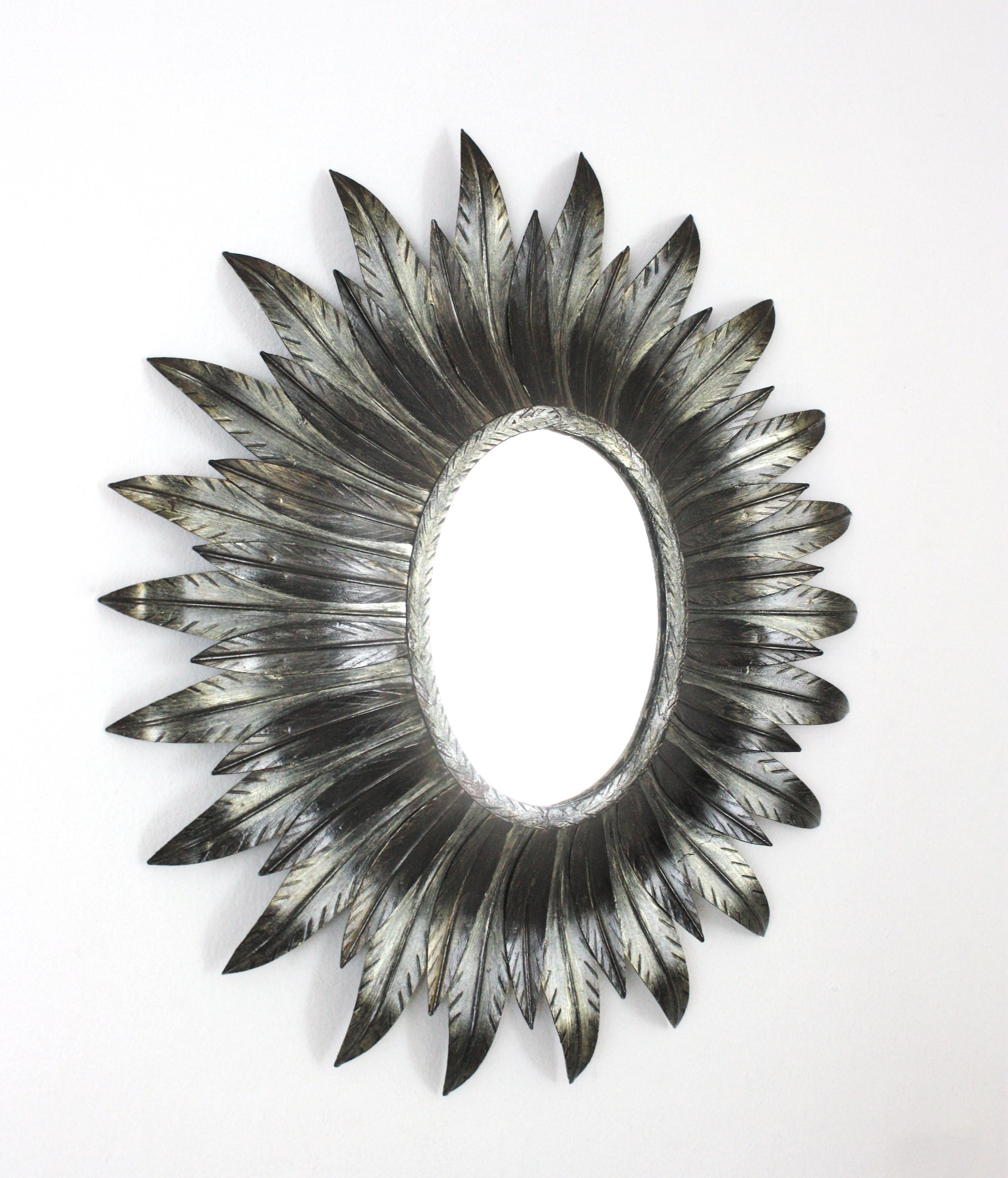 Spanish Sunburst Oval Leafed Mirror in Silvered Metal For Sale 3