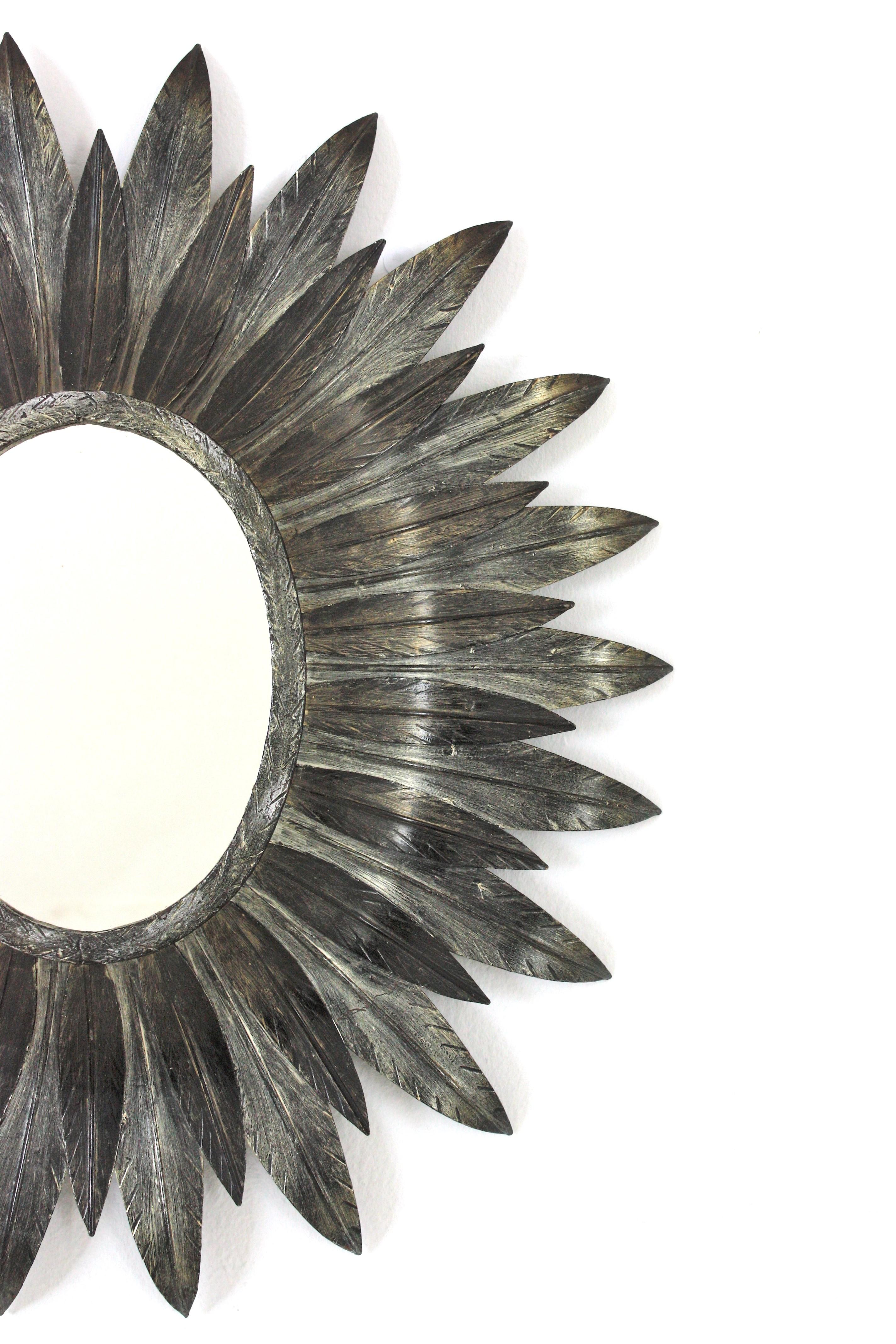 20th Century Spanish Sunburst Oval Leafed Mirror in Silvered Metal For Sale