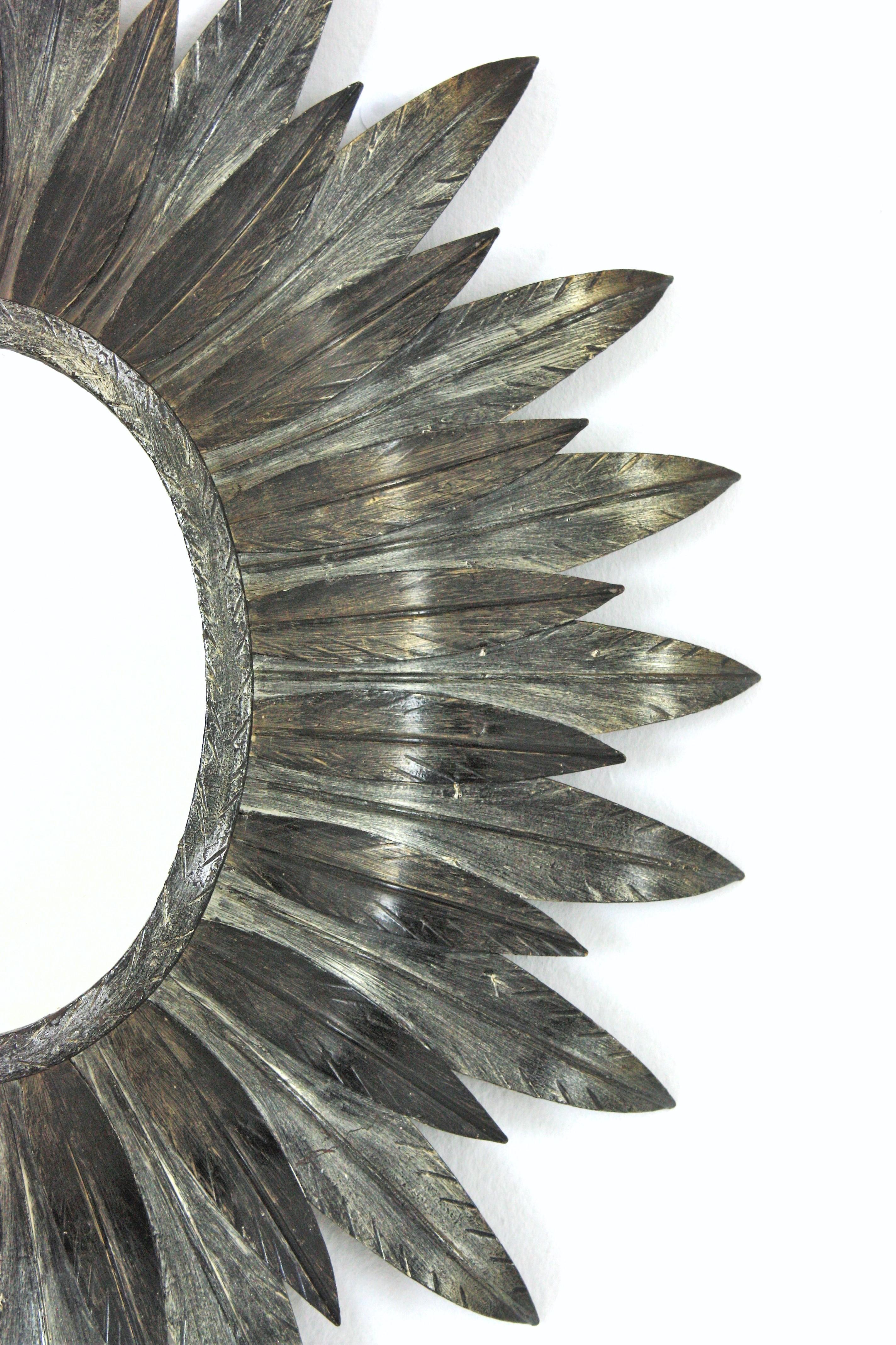 Silver Leaf Spanish Sunburst Oval Leafed Mirror in Silvered Metal For Sale