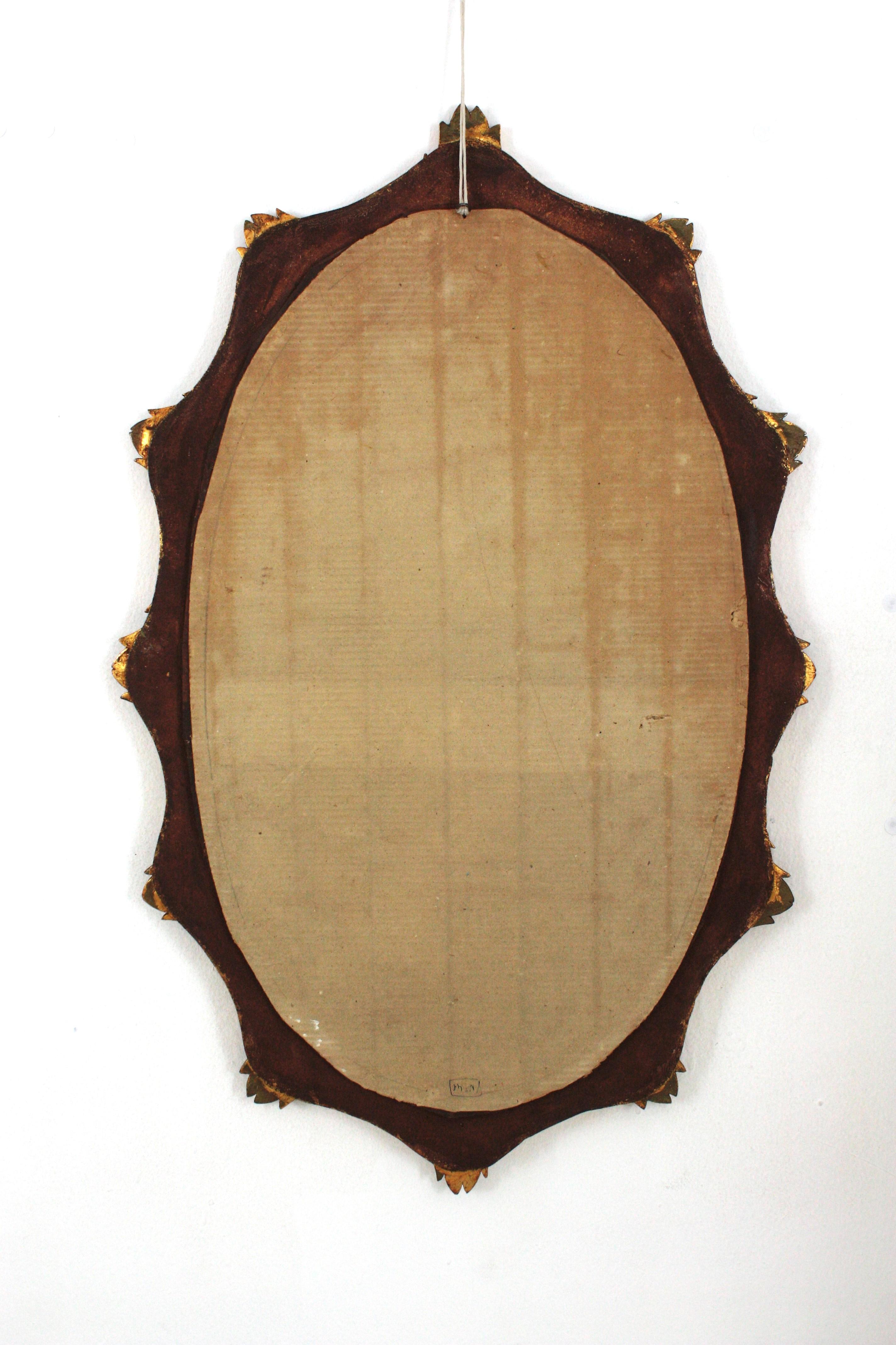 Spanish Sunburst Oval Mirror, Gilt & Beige Carved Wood, 1950s For Sale 7