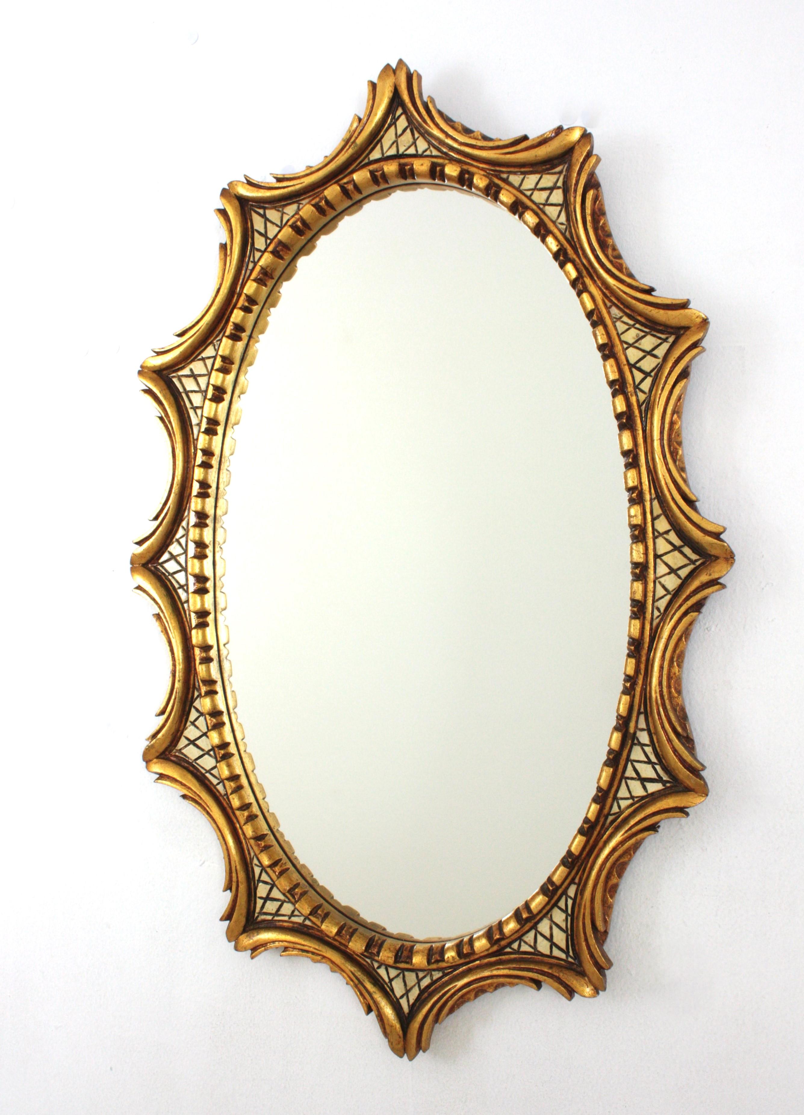 Spanish Sunburst Oval Mirror, Gilt & Beige Carved Wood, 1950s For Sale 4
