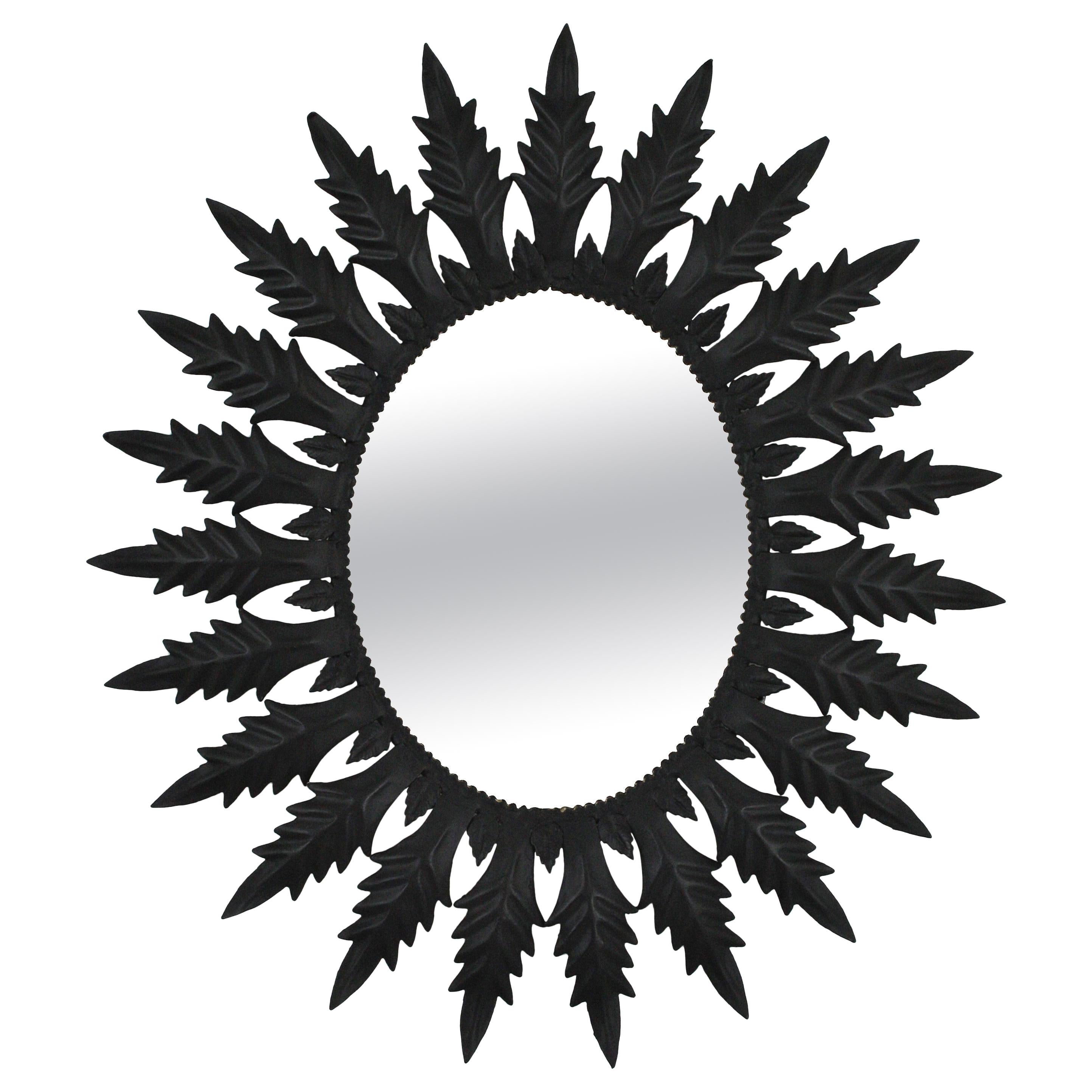 Spanish Sunburst Oval Mirror in Black Painted Iron, 1960s For Sale