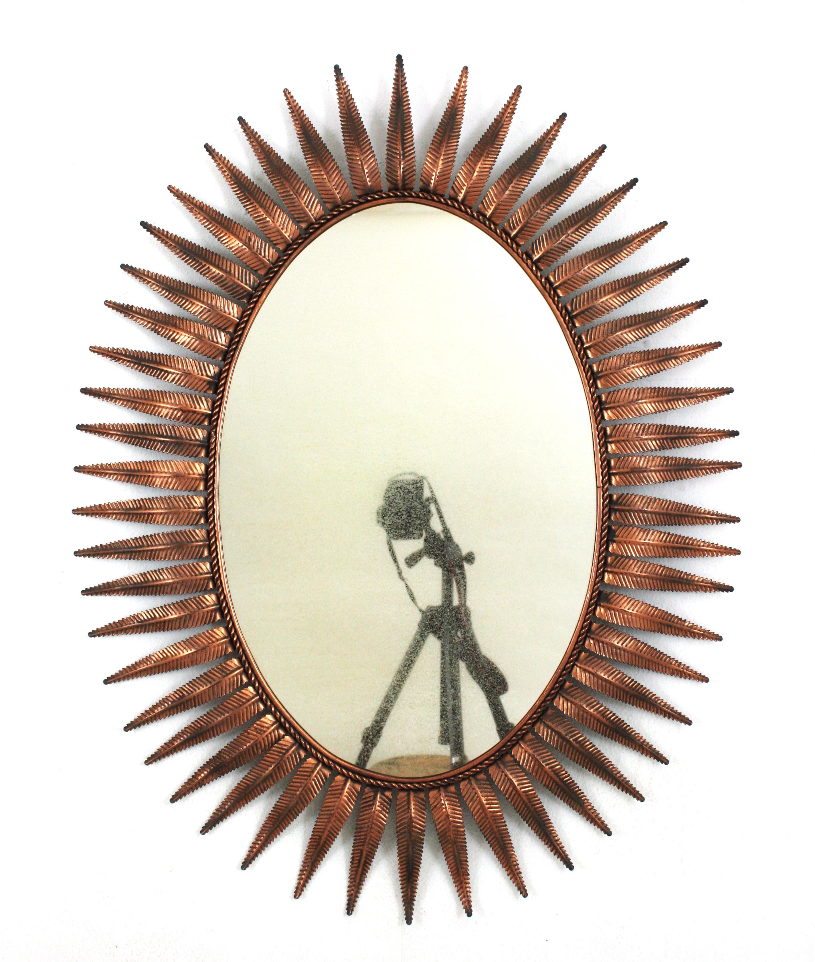 Spanish Sunburst Oval Mirror in Copper Metal, 1950s For Sale 4