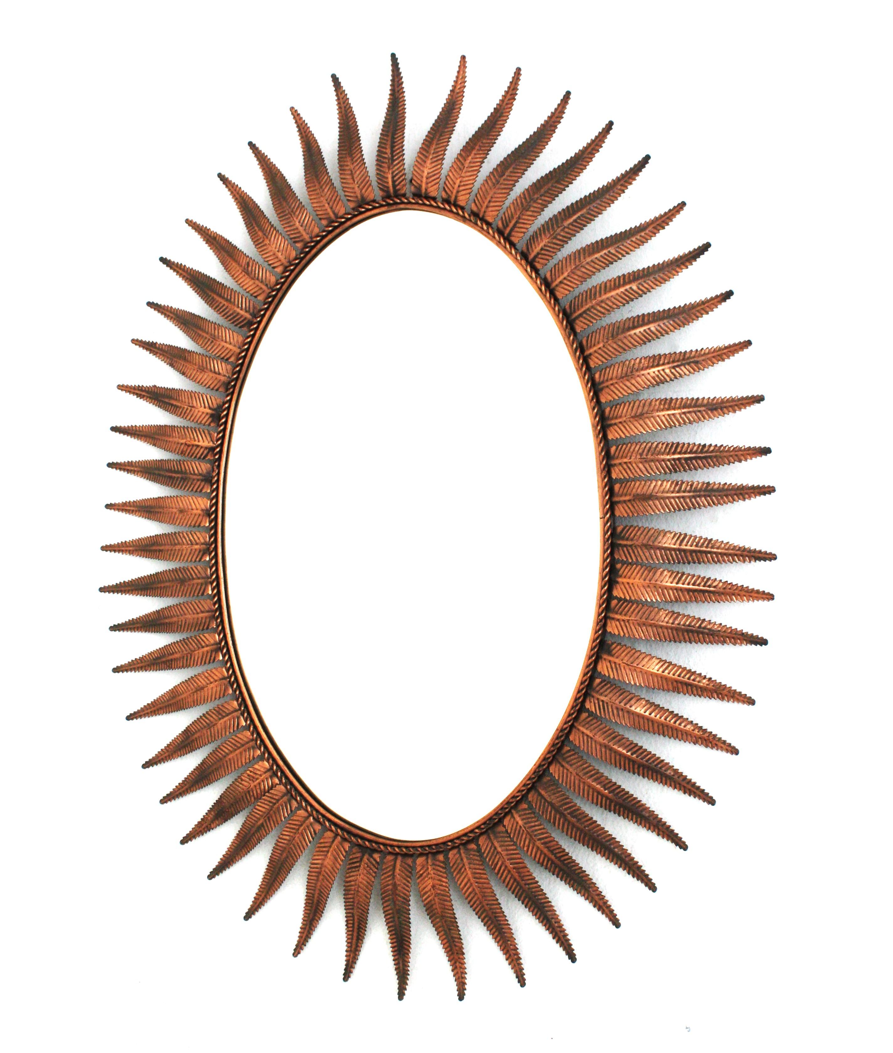 Spanish Sunburst Oval Mirror in Copper Metal, 1950s For Sale 3