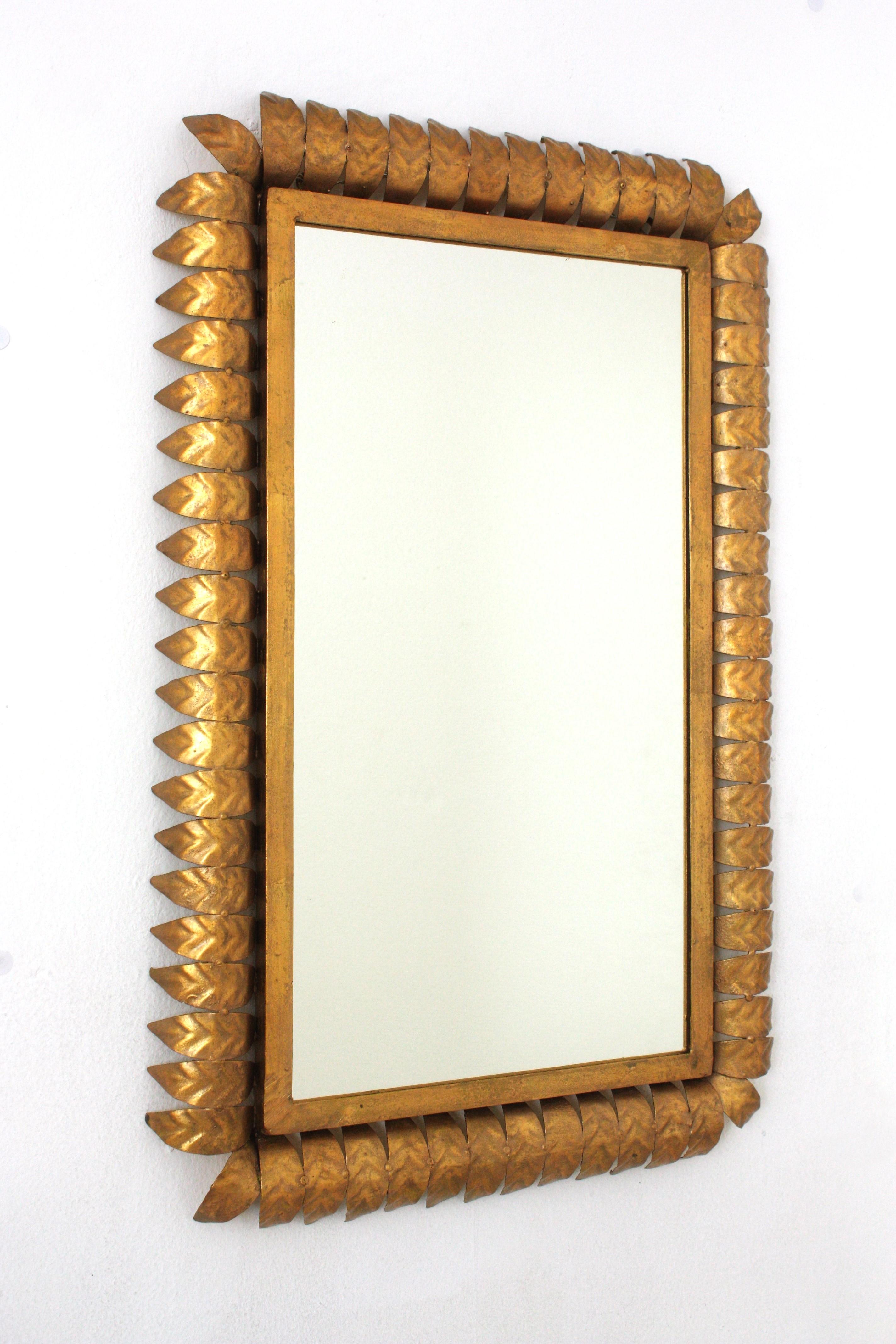 Mid-Century Modern Spanish Sunburst Rectangular Mirror in Gilt Metal, Hollywood Regency For Sale
