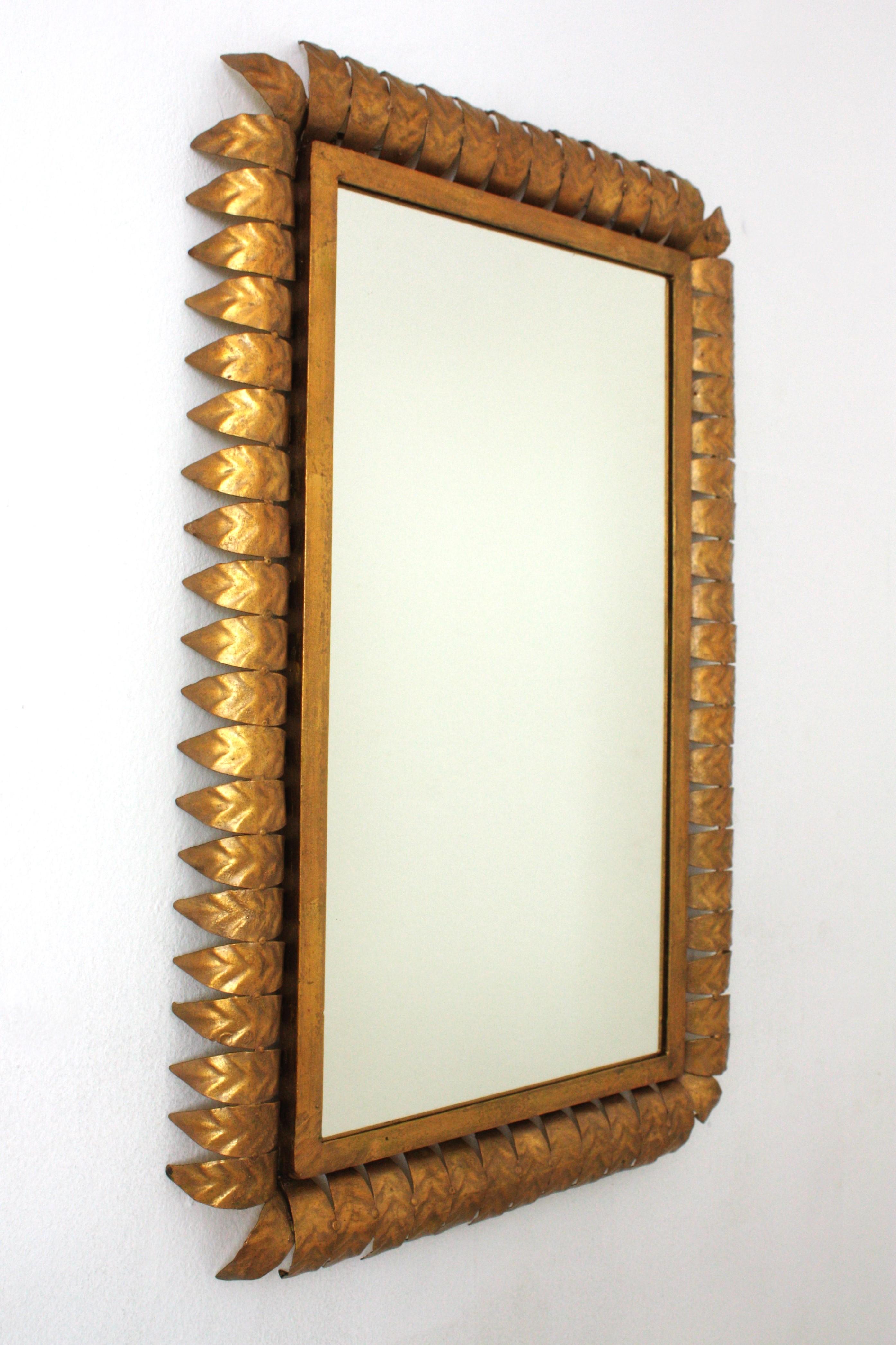 Hand-Crafted Spanish Sunburst Rectangular Mirror in Gilt Metal, Hollywood Regency For Sale