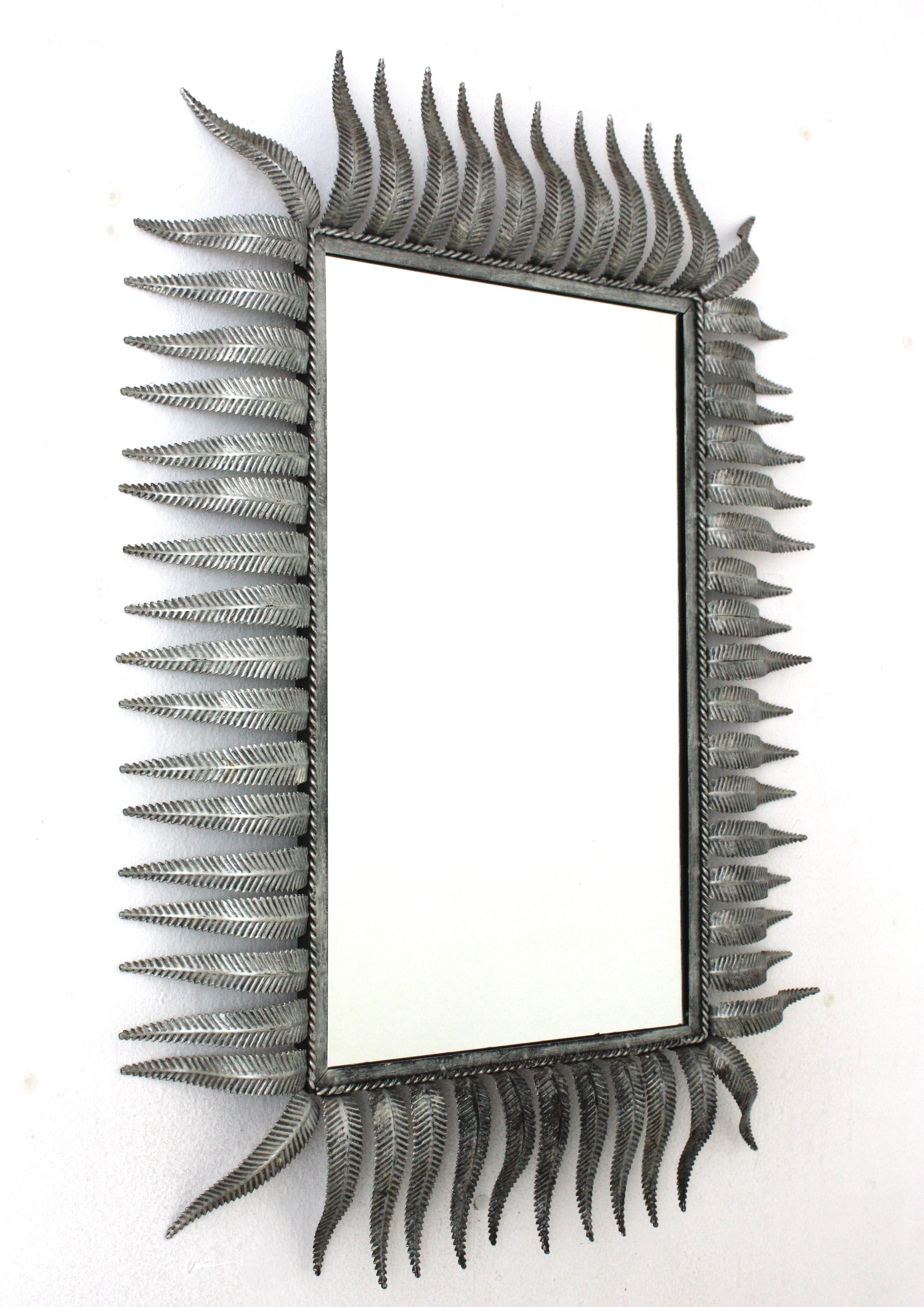 Mid-Century Modern Spanish Sunburst Rectangular Mirror, Silver Gilt Metal, 1950s For Sale