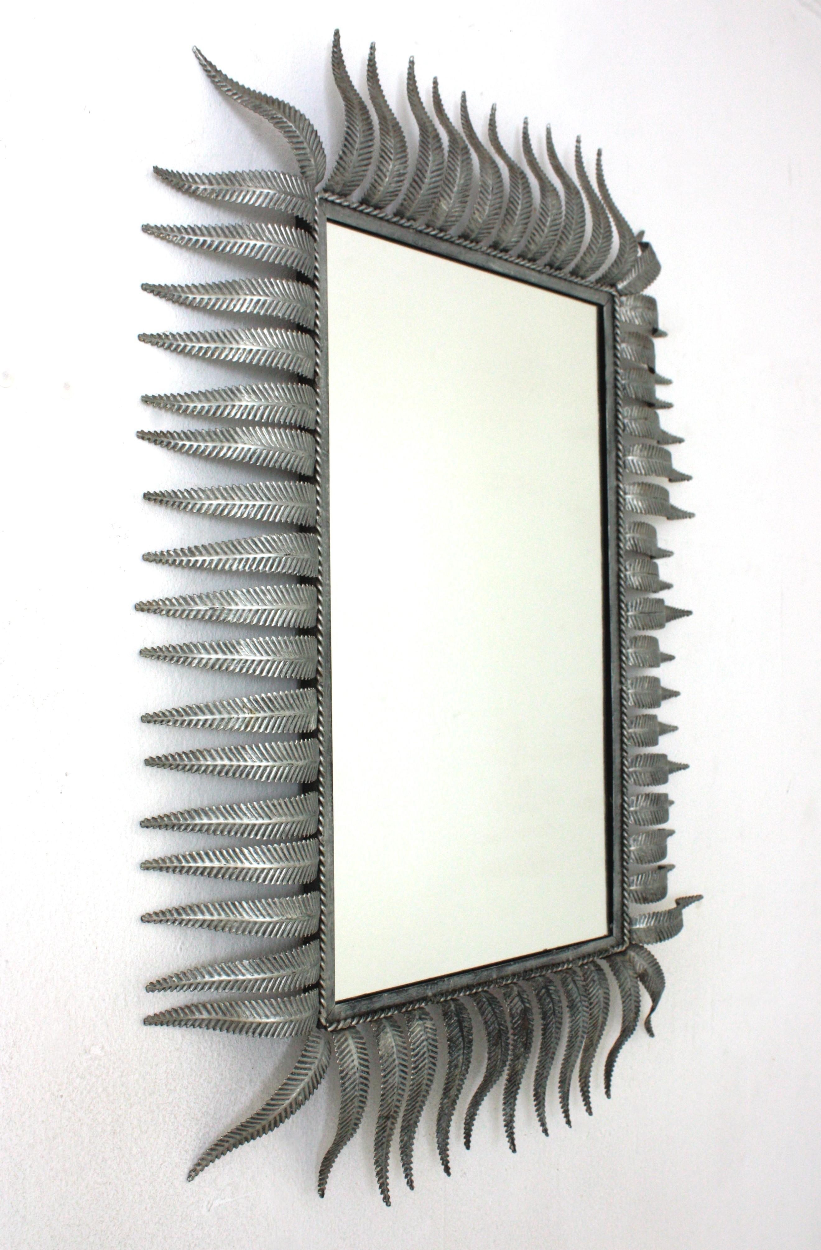 Spanish Sunburst Rectangular Mirror, Silver Gilt Metal, 1950s In Good Condition For Sale In Barcelona, ES