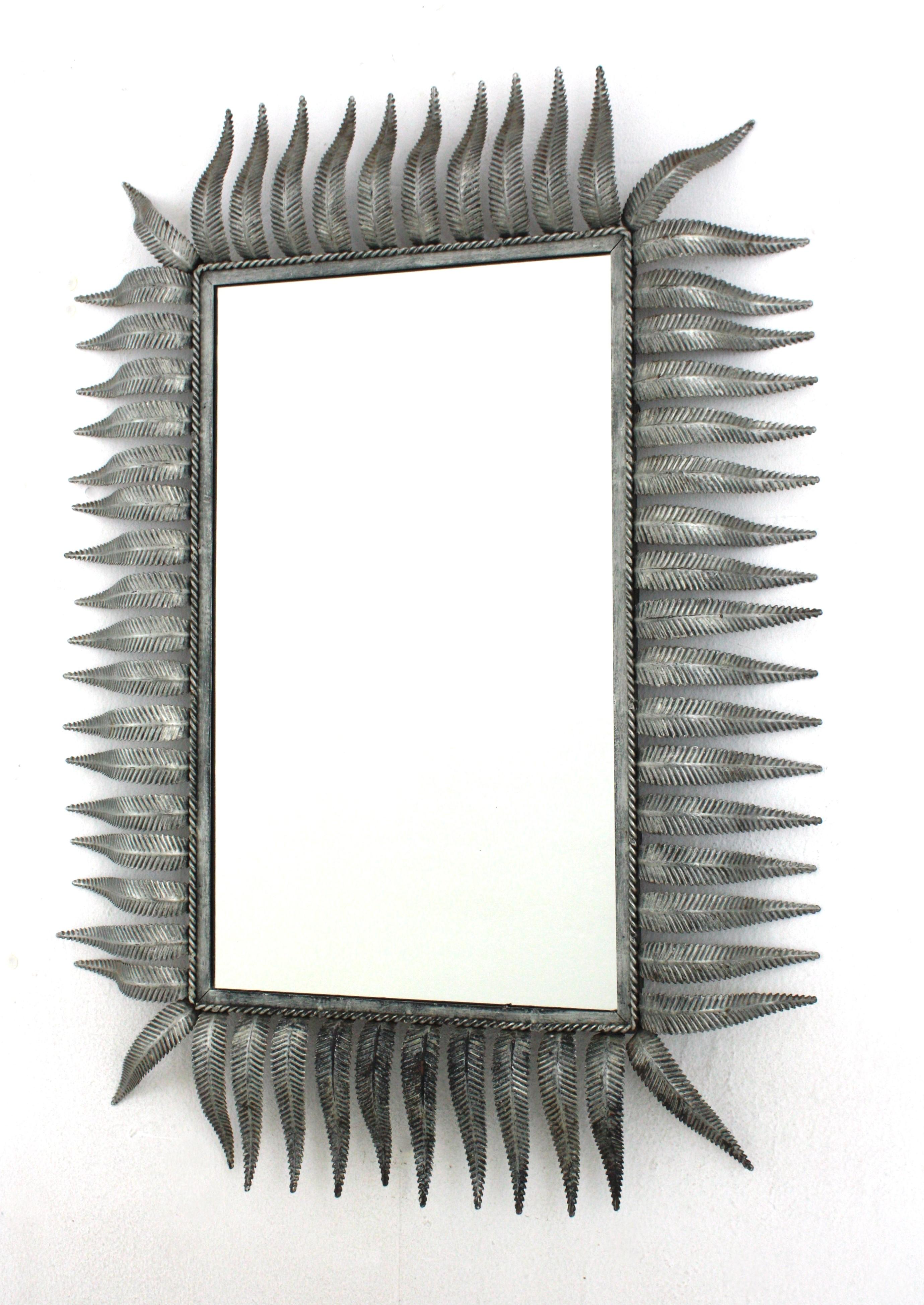 20th Century Spanish Sunburst Rectangular Mirror, Silver Gilt Metal, 1950s For Sale