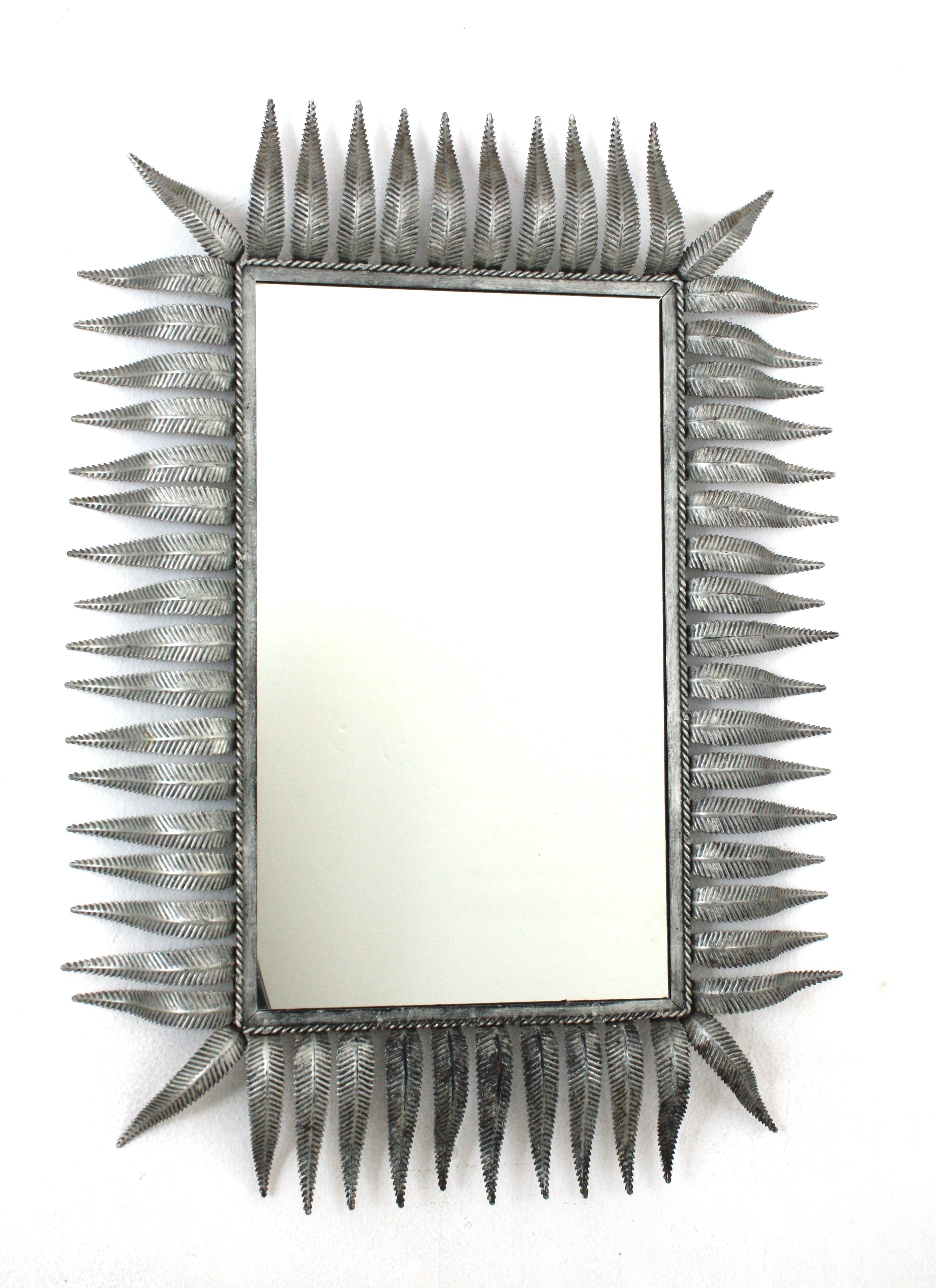 Spanish Sunburst Rectangular Mirror, Silver Gilt Metal, 1950s For Sale 1
