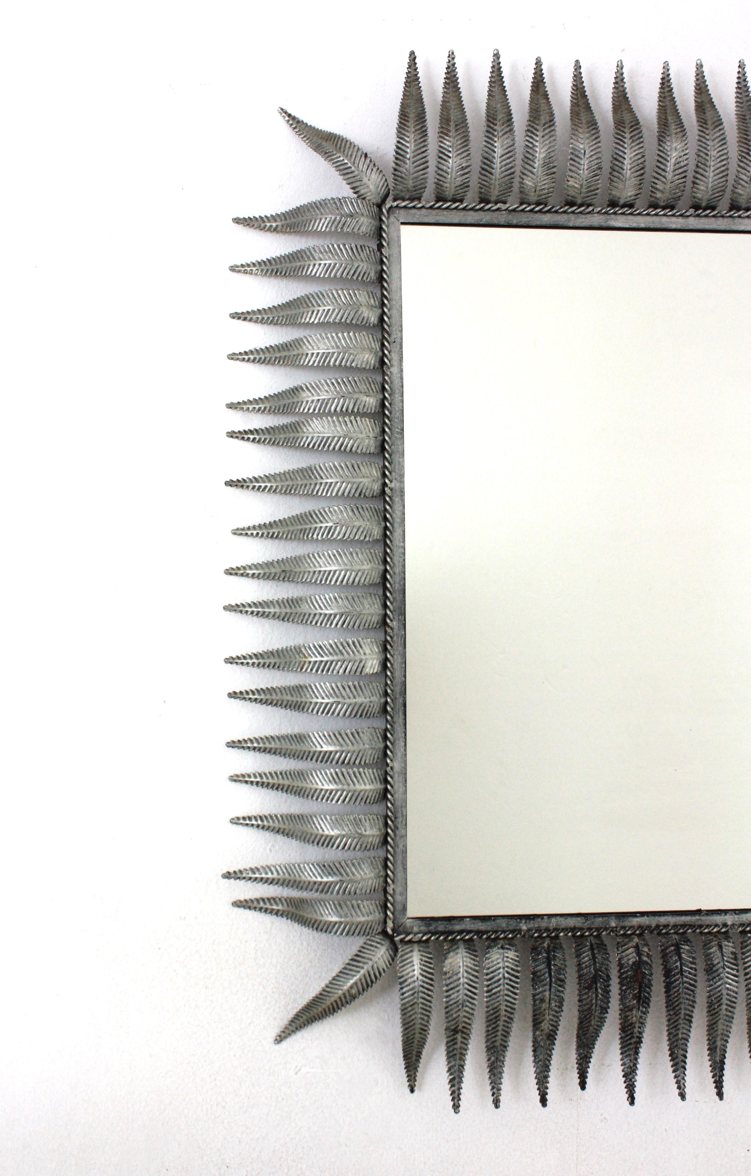 Spanish Sunburst Rectangular Mirror, Silver Gilt Metal, 1950s For Sale 2