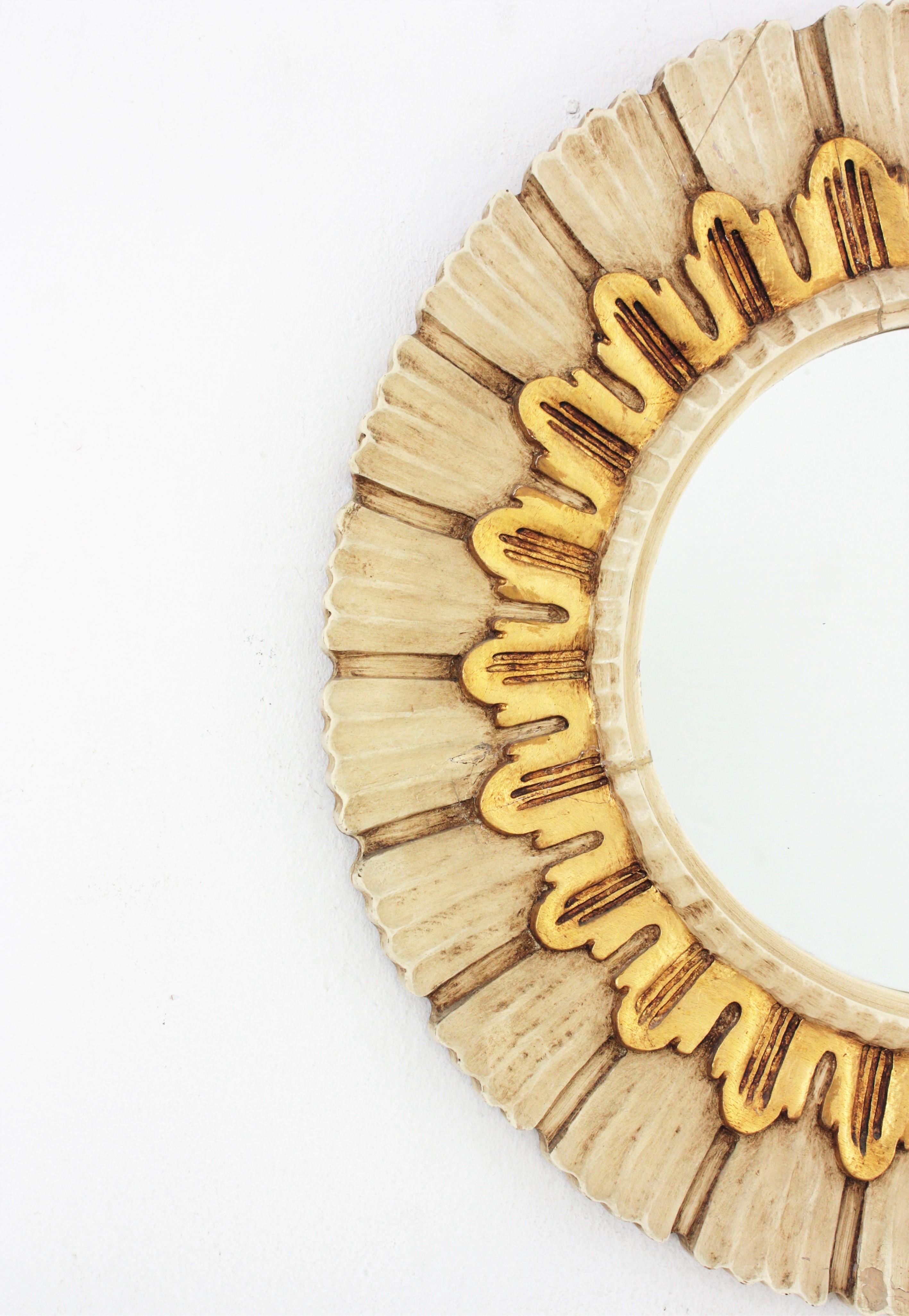 Polychromed Spanish Sunburst Round Wall Mirror in Beige and Gold Giltwood