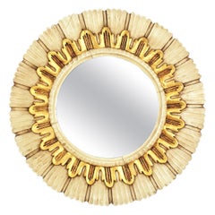 Spanish Sunburst Round Wall Mirror in Beige and Gold Giltwood