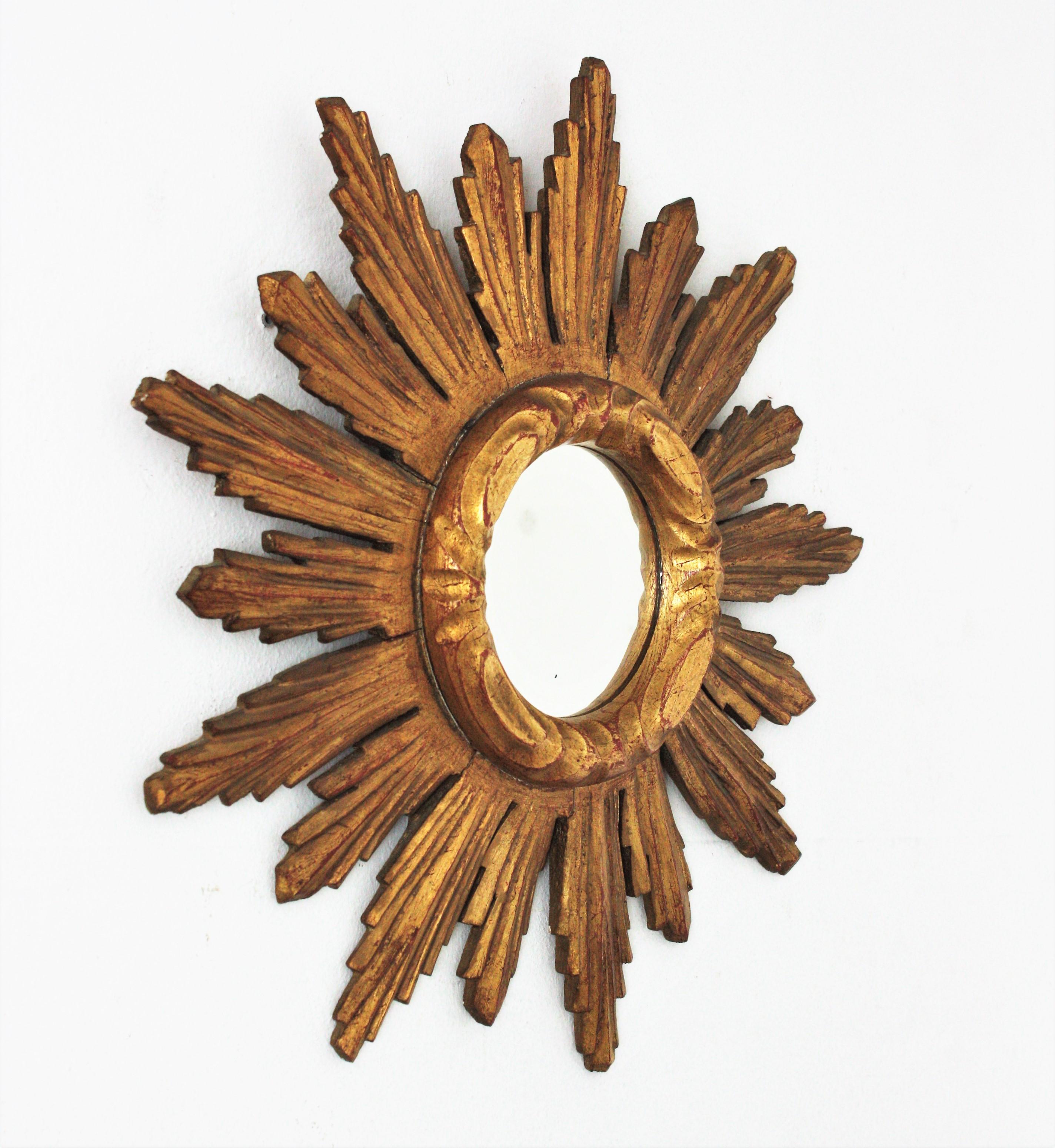 Baroque Spanish 1950s Sunburst Starburst Mirror, Giltwood For Sale