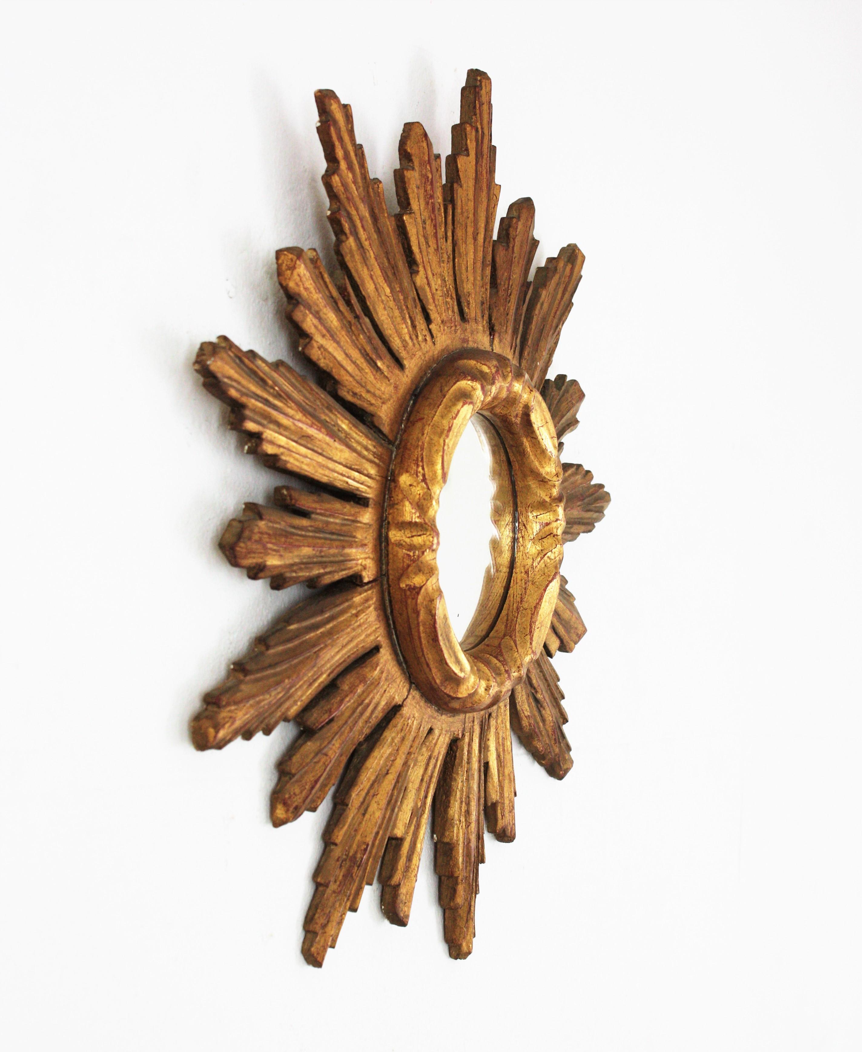 Carved Spanish 1950s Sunburst Starburst Mirror, Giltwood For Sale