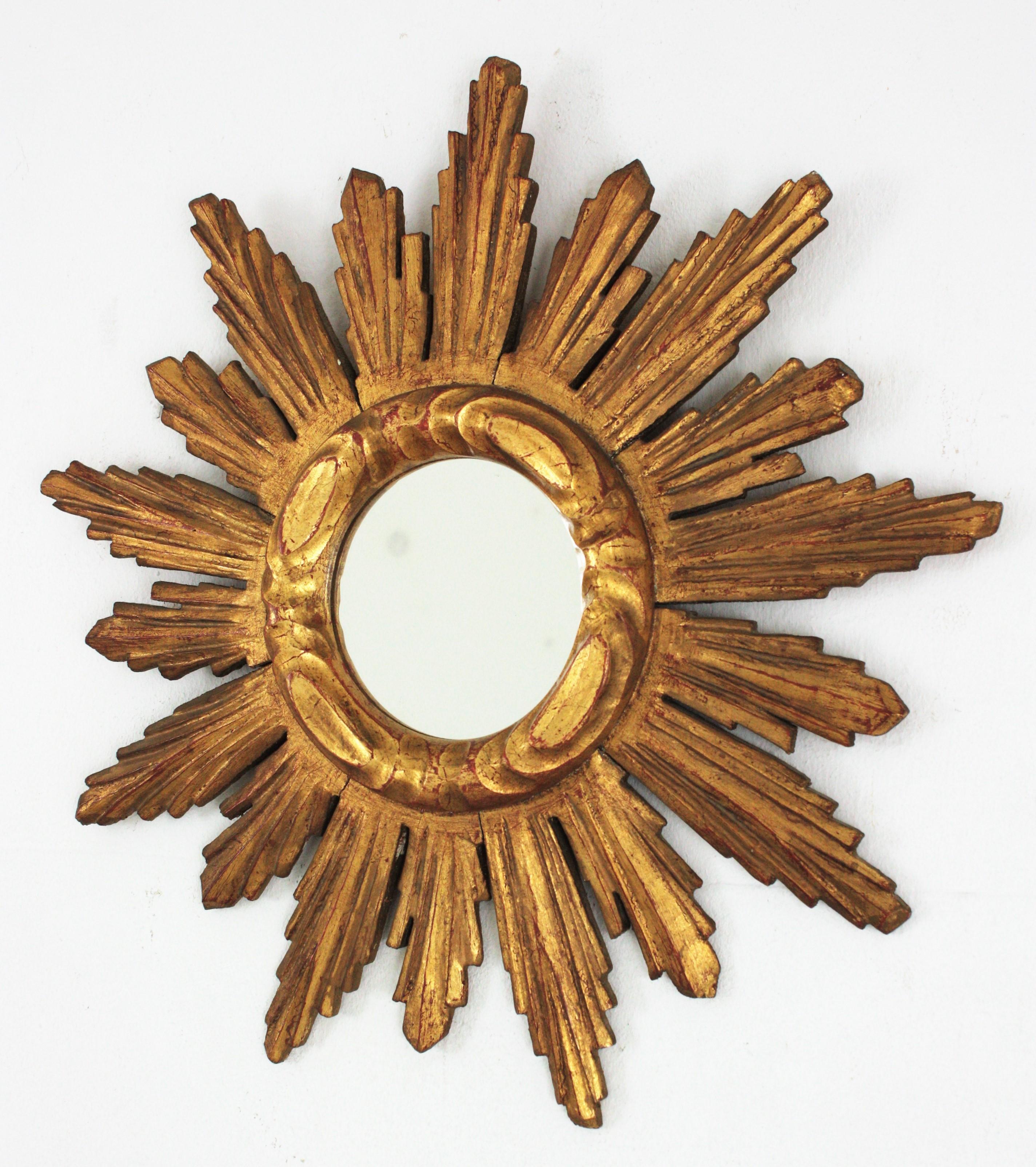 Spanish 1950s Sunburst Starburst Mirror, Giltwood For Sale 3