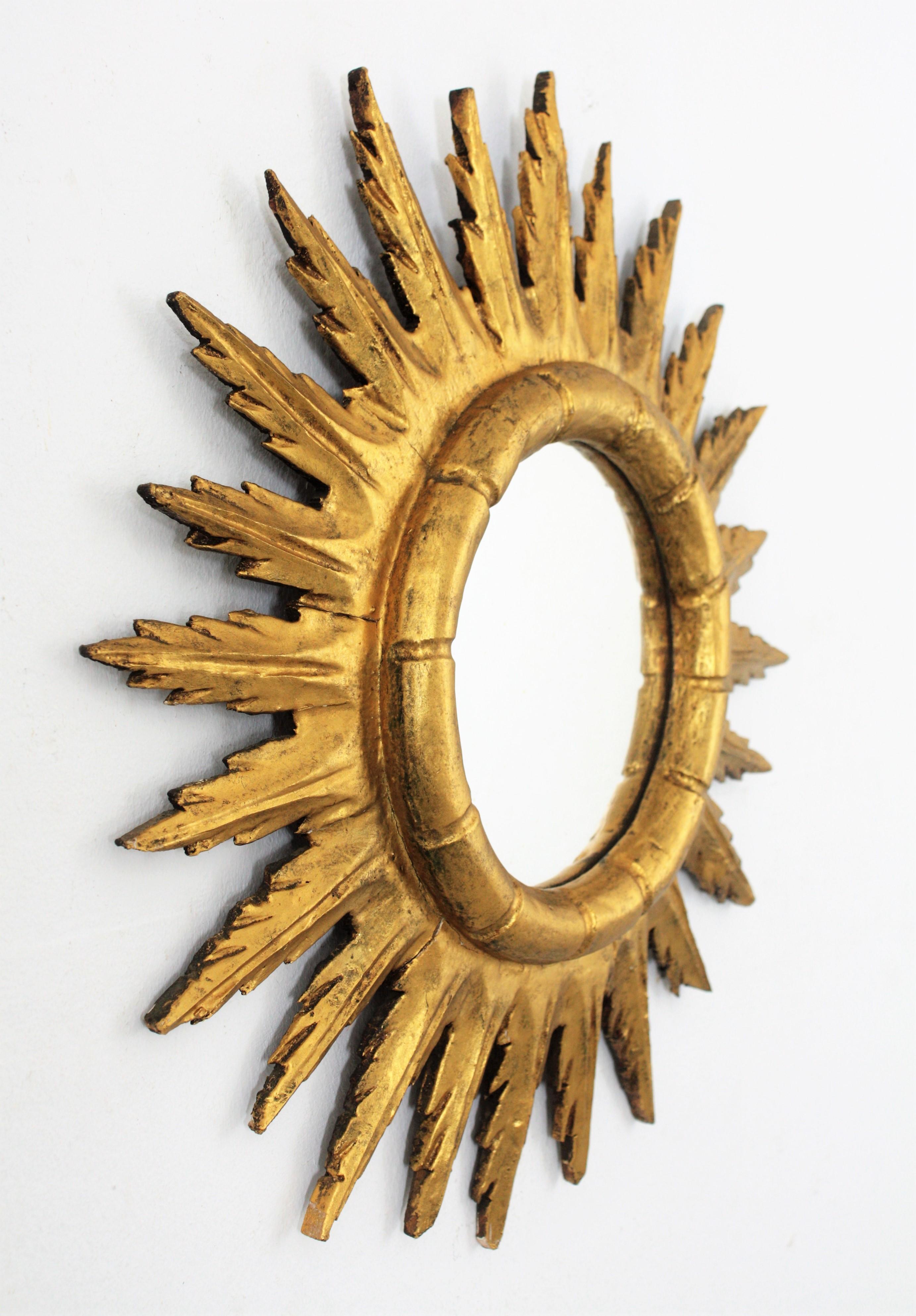 Hand-Carved Spanish Sunburst Starburst Mirror in Carved Giltwood, 1950s