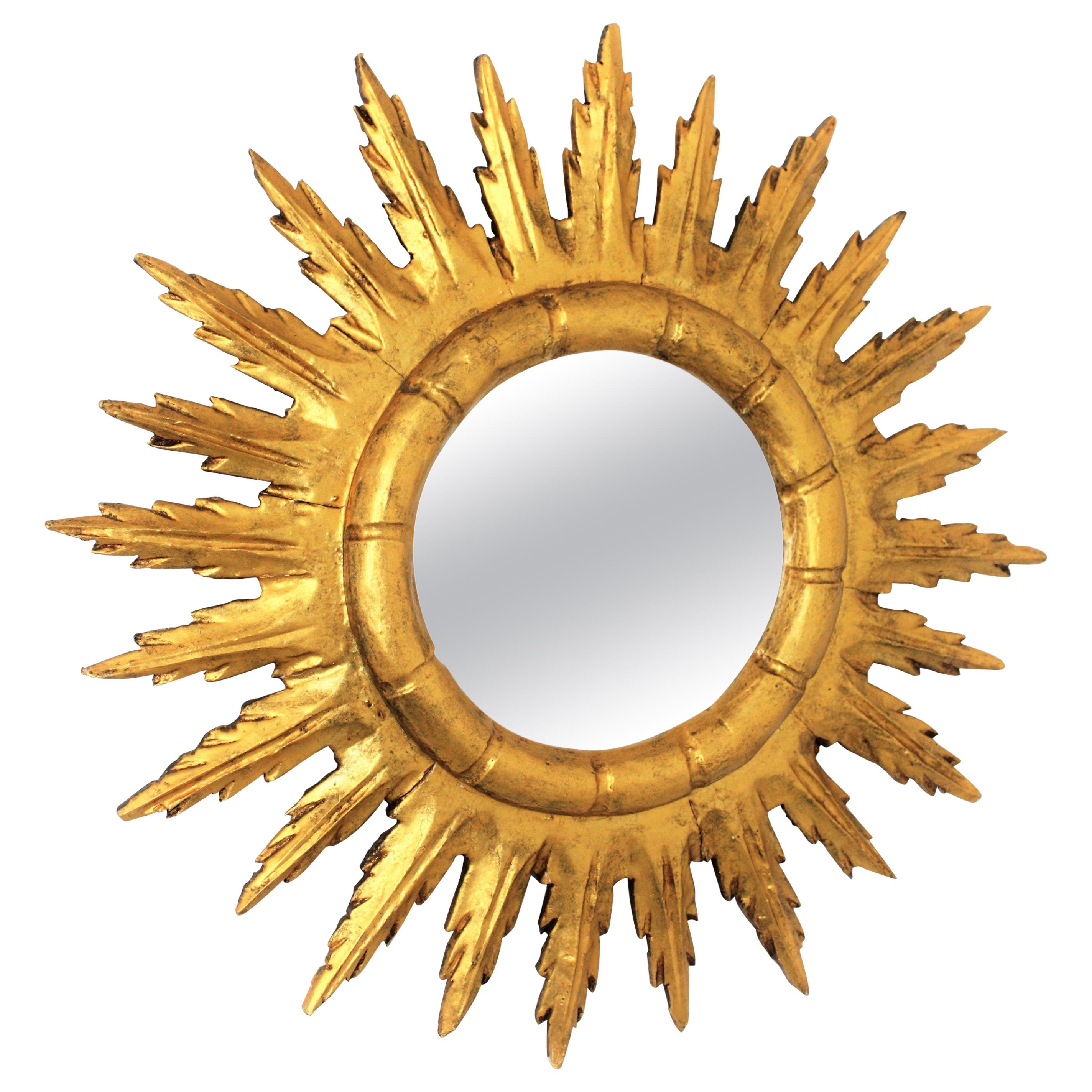 Spanish Sunburst Starburst Mirror in Carved Giltwood, 1950s