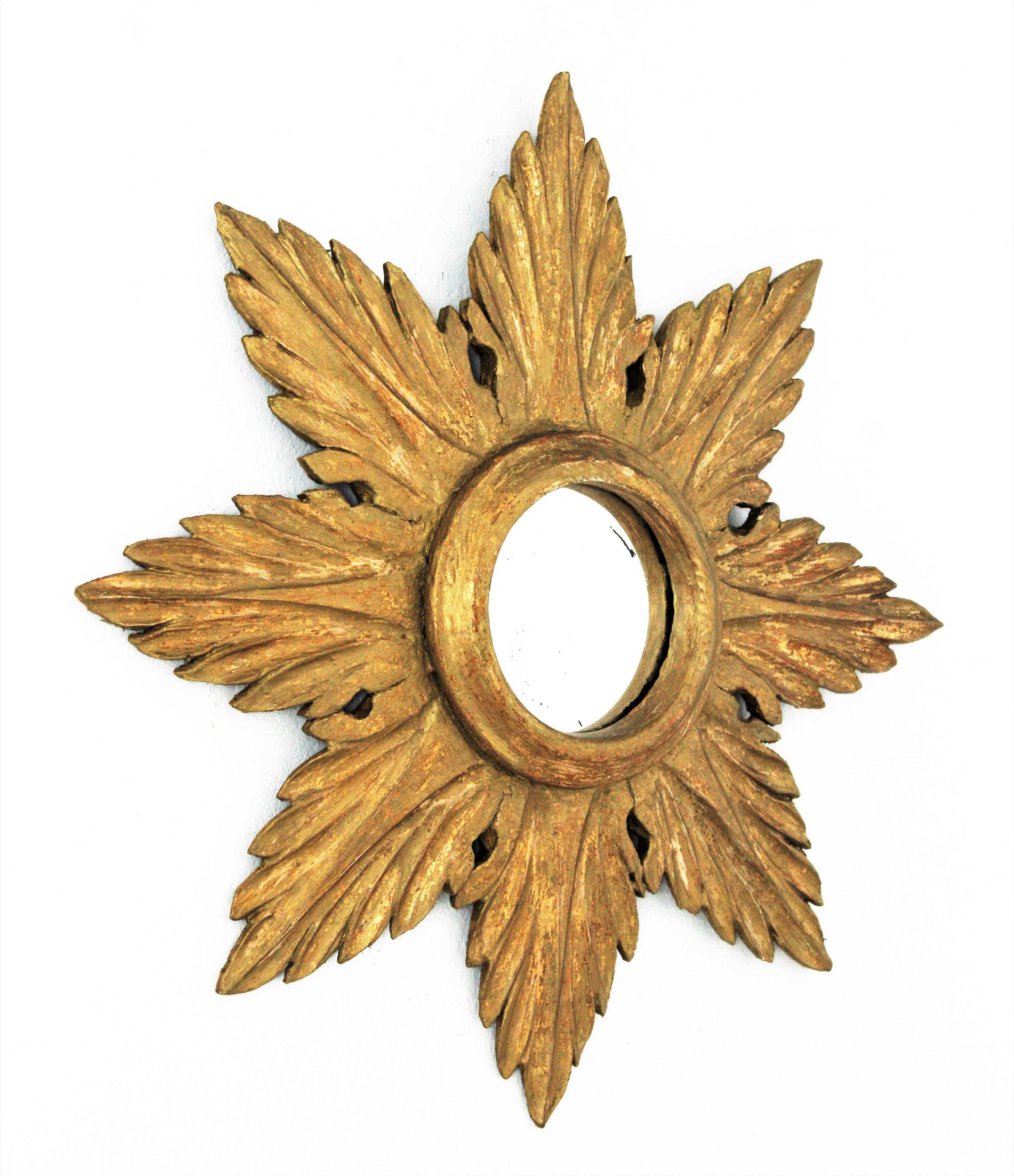 Mid-Century Modern Spanish Sunburst Starburst Mirror in Giltwood