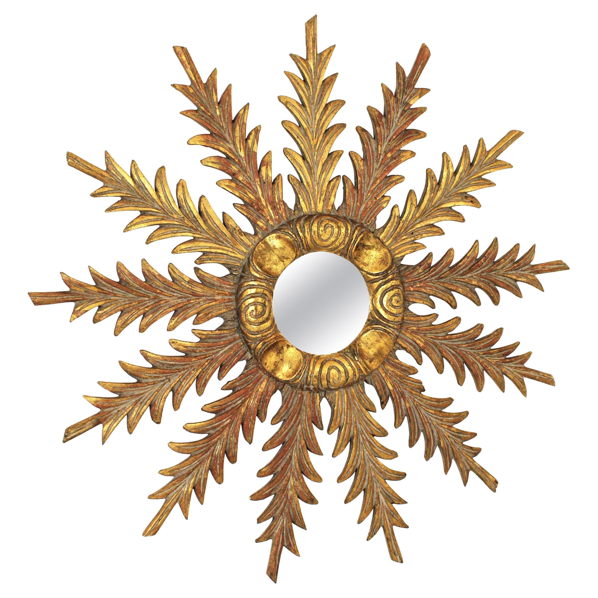 Sunburst Starburst Giltwood Mirror with Foliage Carvings, 1940s