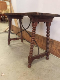 Spanish Table with Bobbin Legs and Iron Stretcher, 1900s