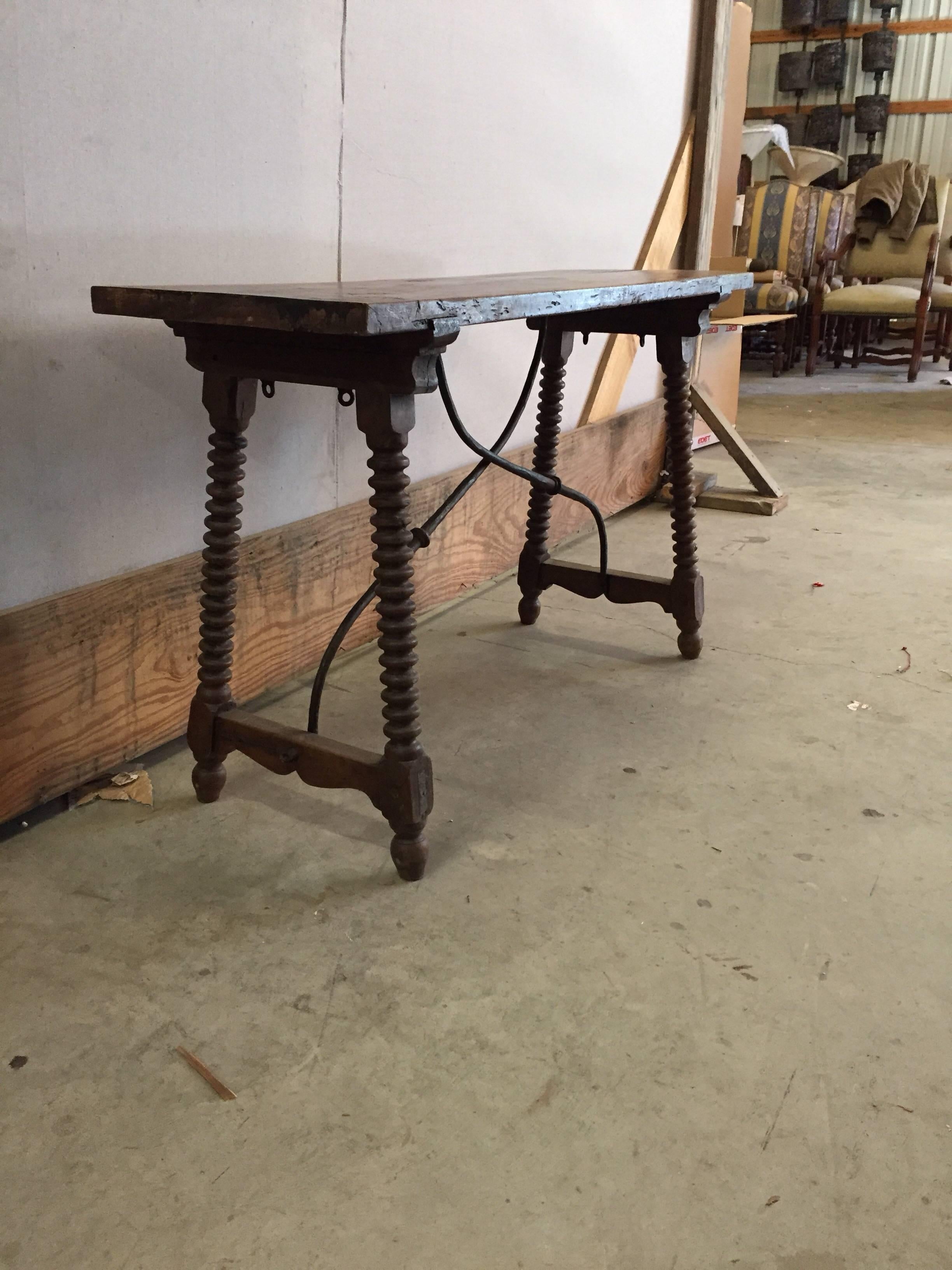 19th Century Spanish Table with Bobbin Legs and Iron Stretcher, 1900s