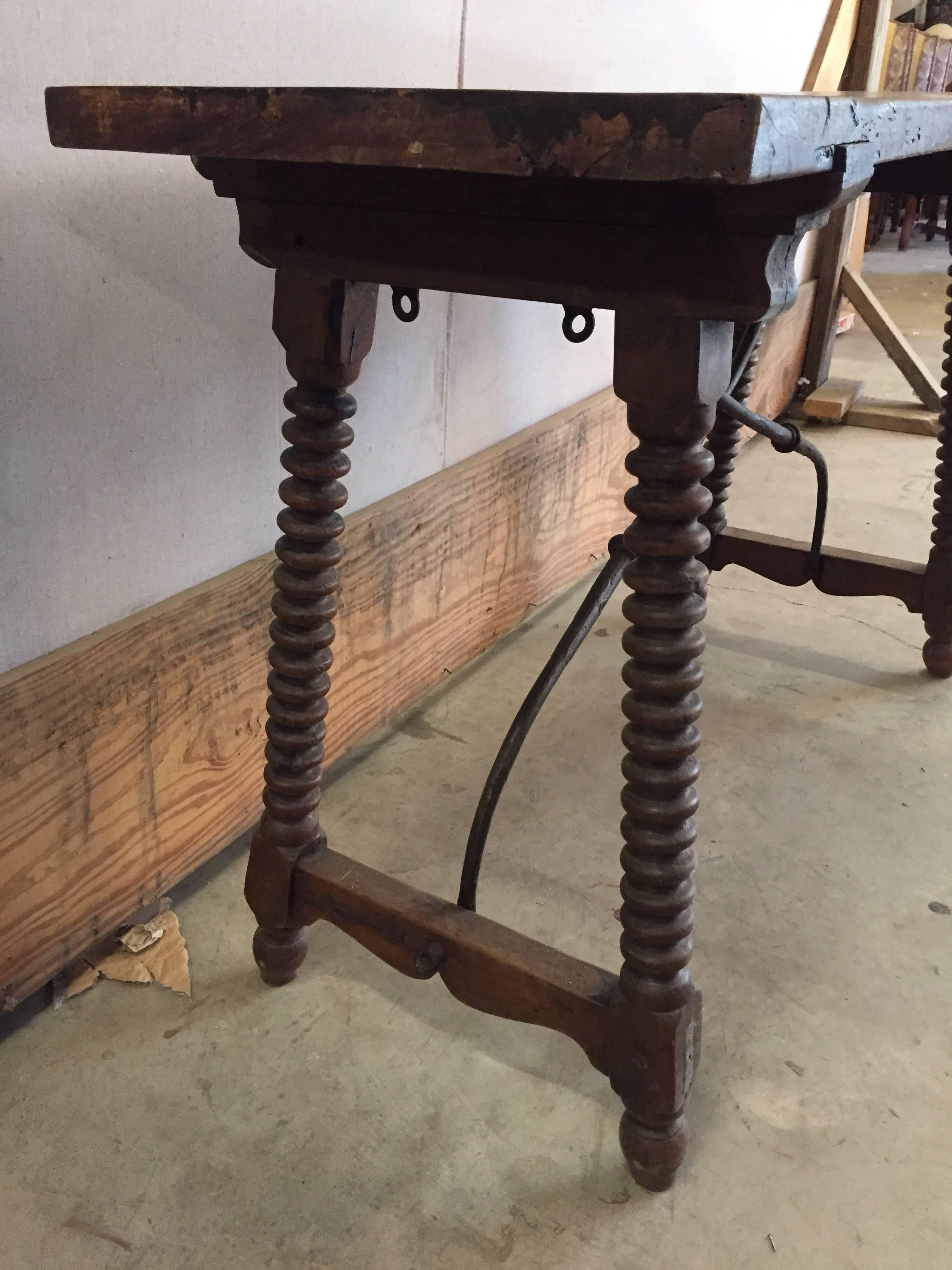 Walnut Spanish Table with Bobbin Legs and Iron Stretcher, 1900s