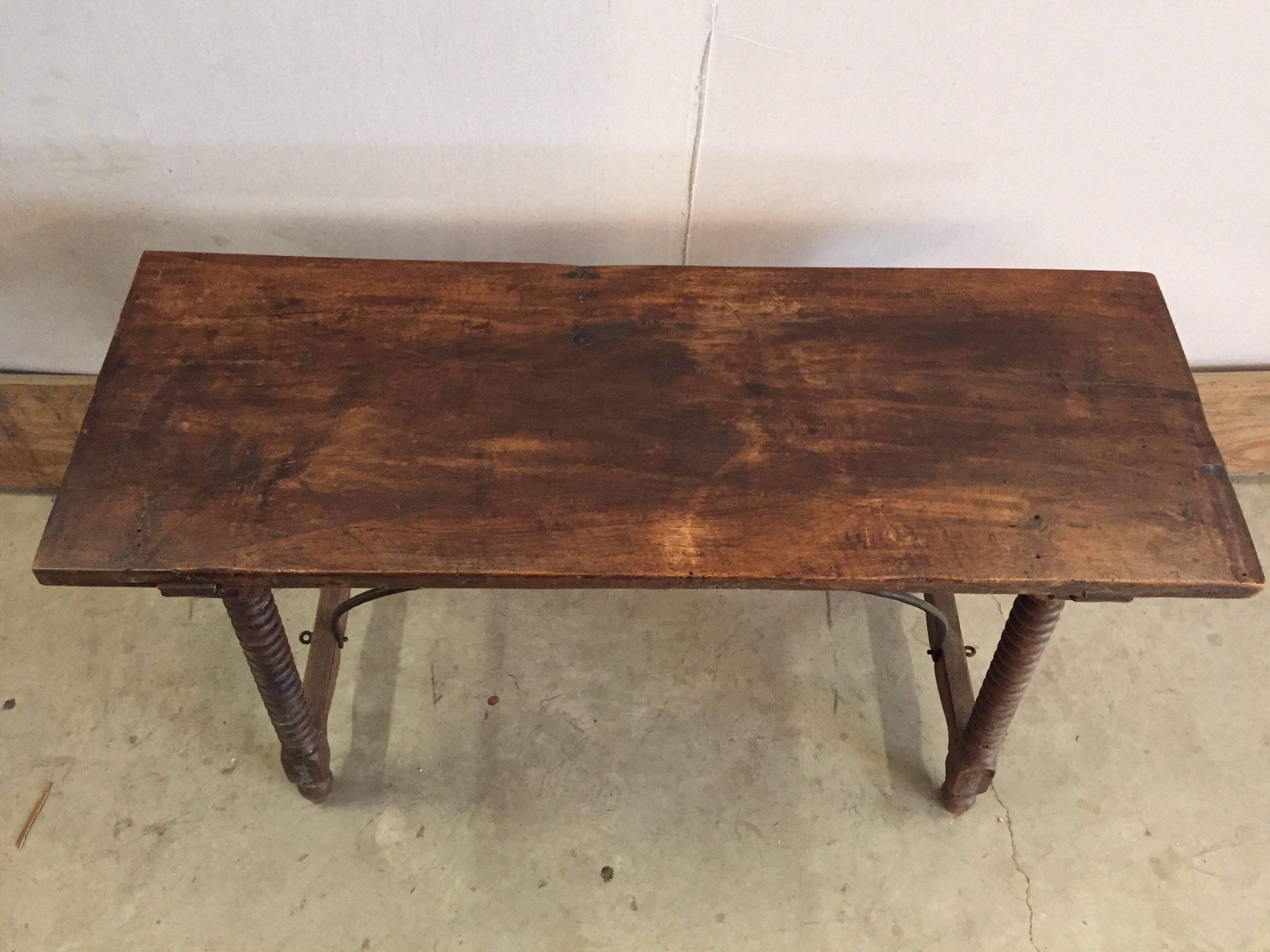 Spanish Table with Bobbin Legs and Iron Stretcher, 1900s 1