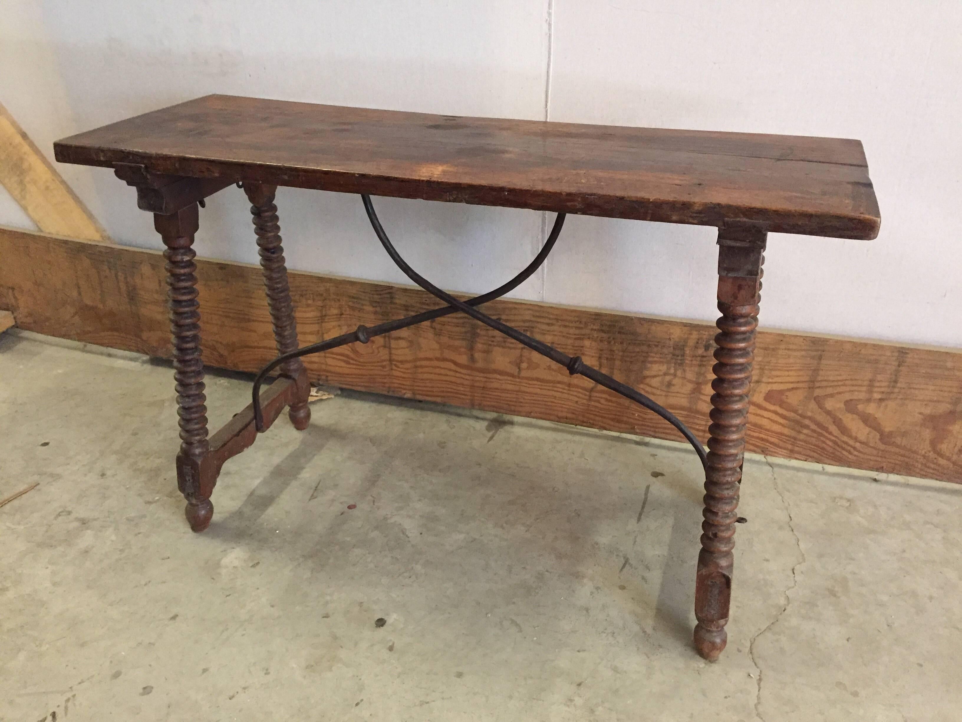 Spanish Table with Bobbin Legs and Iron Stretcher, 1900s 2
