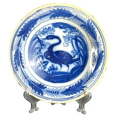 Spanish Talavera Blue and White Faience Charger with Bird Motif - 18th Century