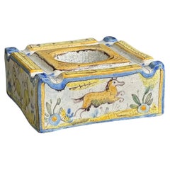 Spanish Talavera Inkwell - Hand-Painted Faience with Animals & Floral Motifs