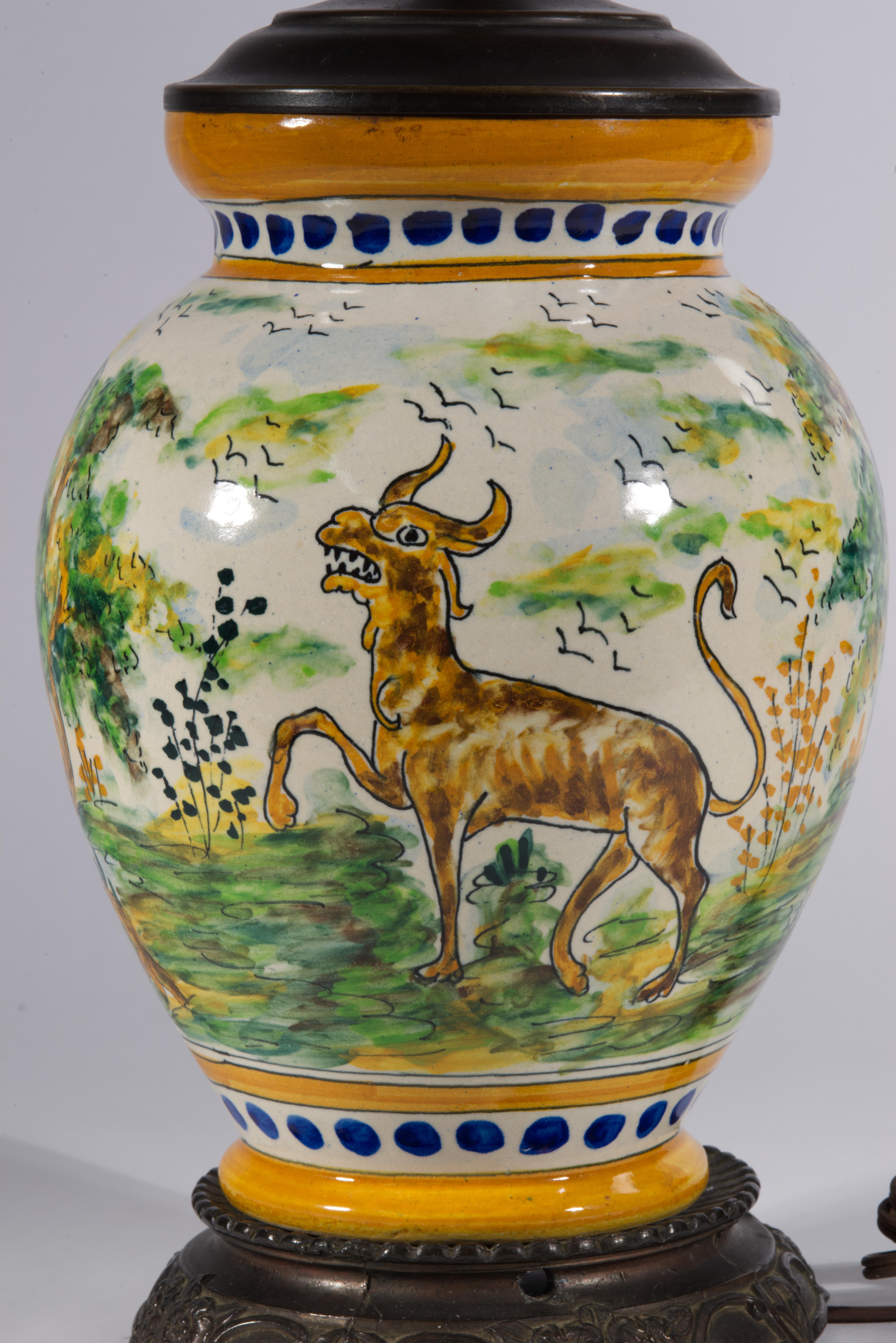 Glazed Spanish Talavera Jug Urn Table Lamp, Landscape & Mythical Beasts For Sale