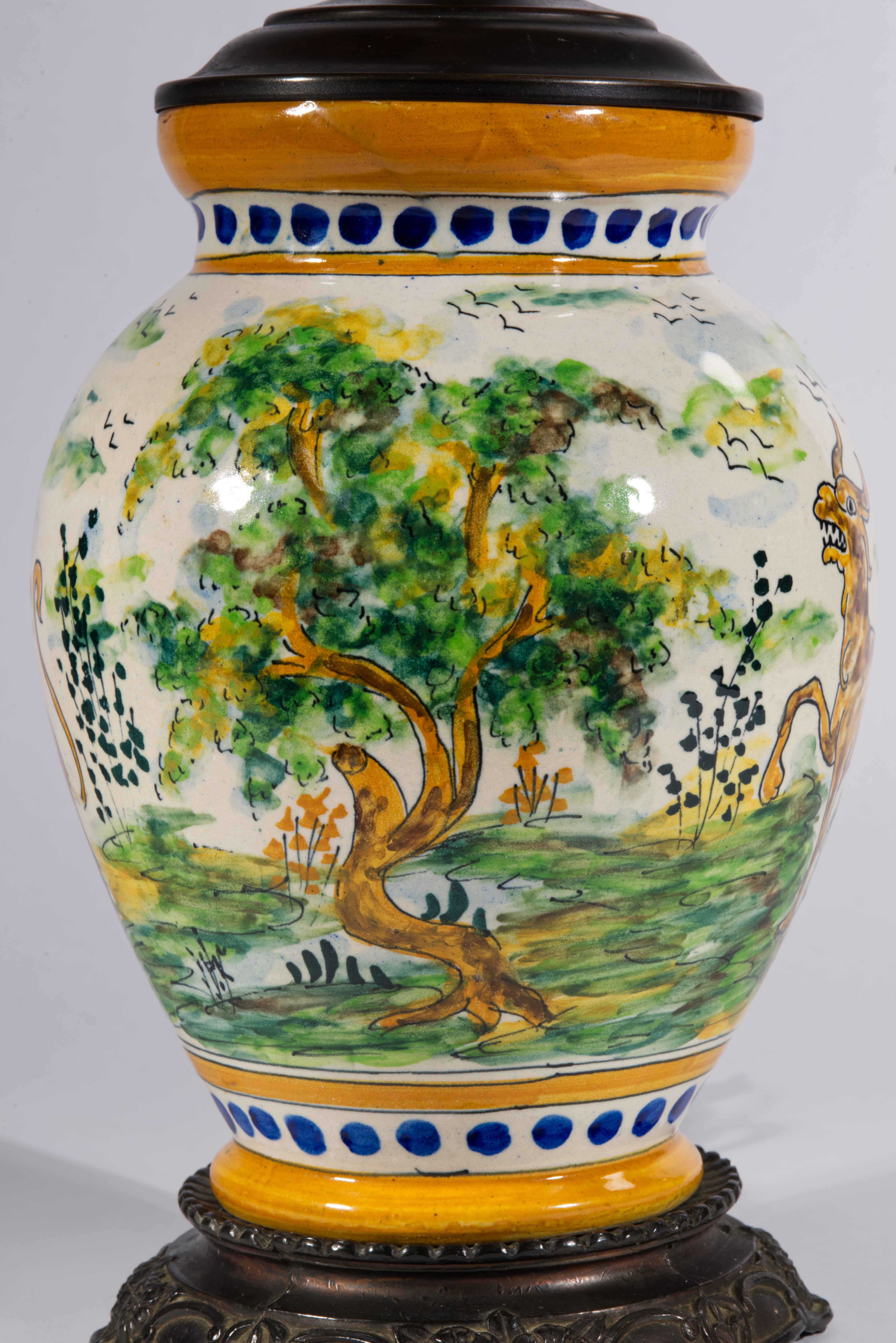 Spanish Talavera Jug Urn Table Lamp, Landscape & Mythical Beasts In Good Condition For Sale In Clifton Springs, NY