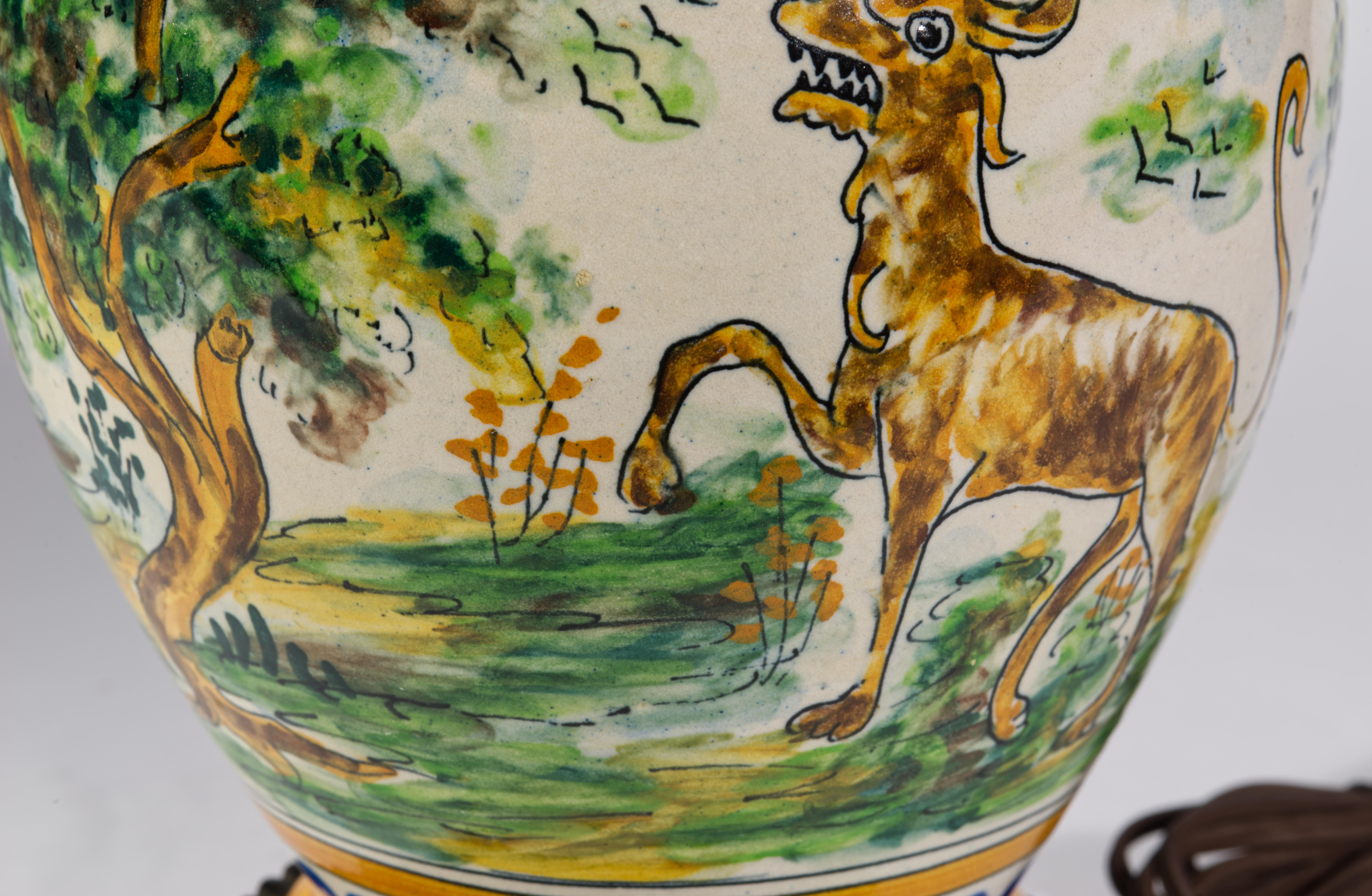 20th Century Spanish Talavera Jug Urn Table Lamp, Landscape & Mythical Beasts For Sale