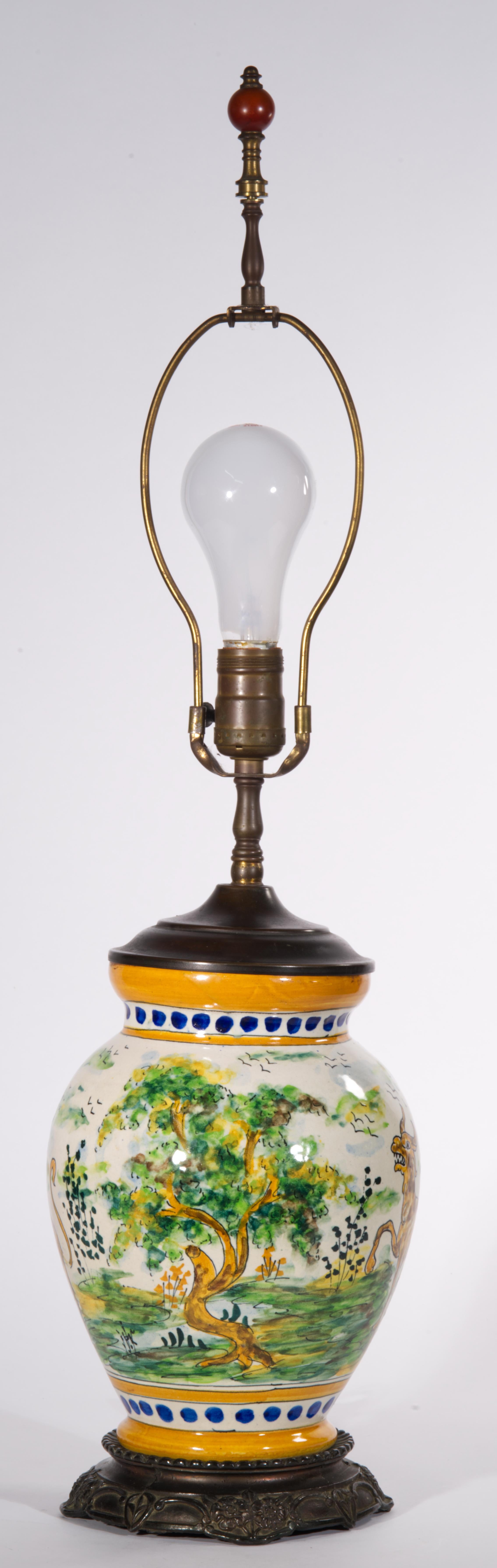 Spanish Talavera Jug Urn Table Lamp, Landscape & Mythical Beasts For Sale 3