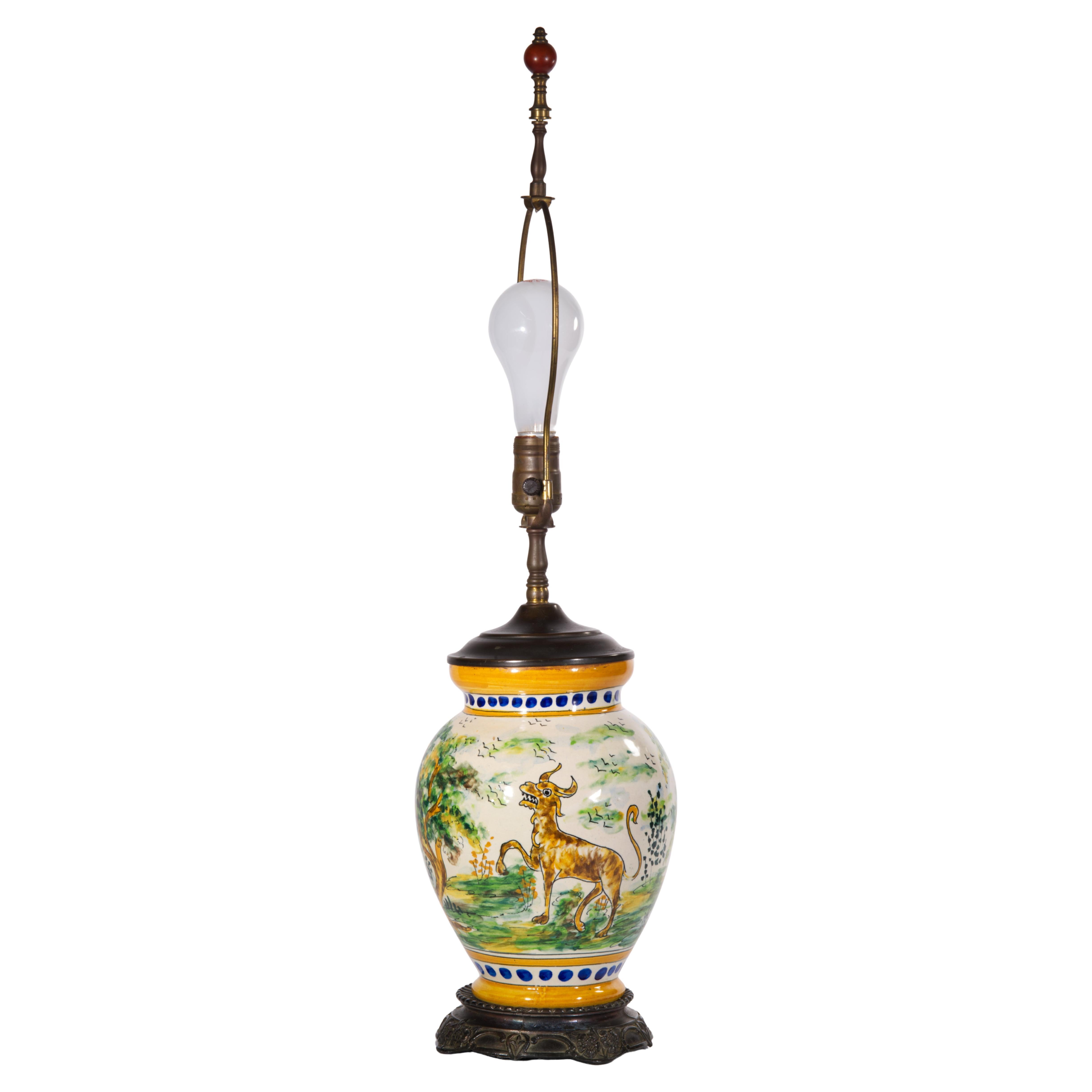 Spanish Talavera Jug Urn Table Lamp, Landscape & Mythical Beasts For Sale