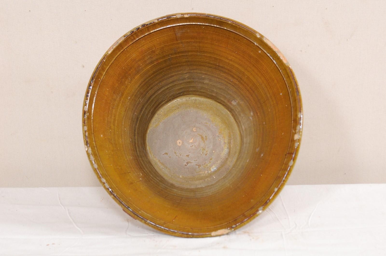 Spanish Terracotta Bowl w/ Muted Yellow & Pale Green Inner Glaze and Old Mending 6