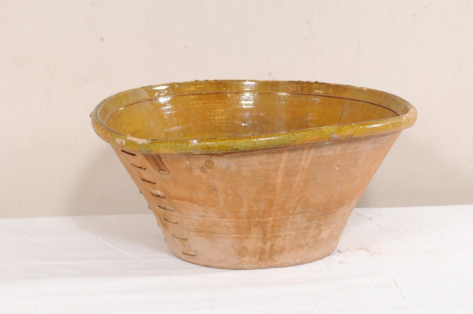 Spanish Terracotta Bowl w/ Muted Yellow & Pale Green Inner Glaze and Old Mending 1