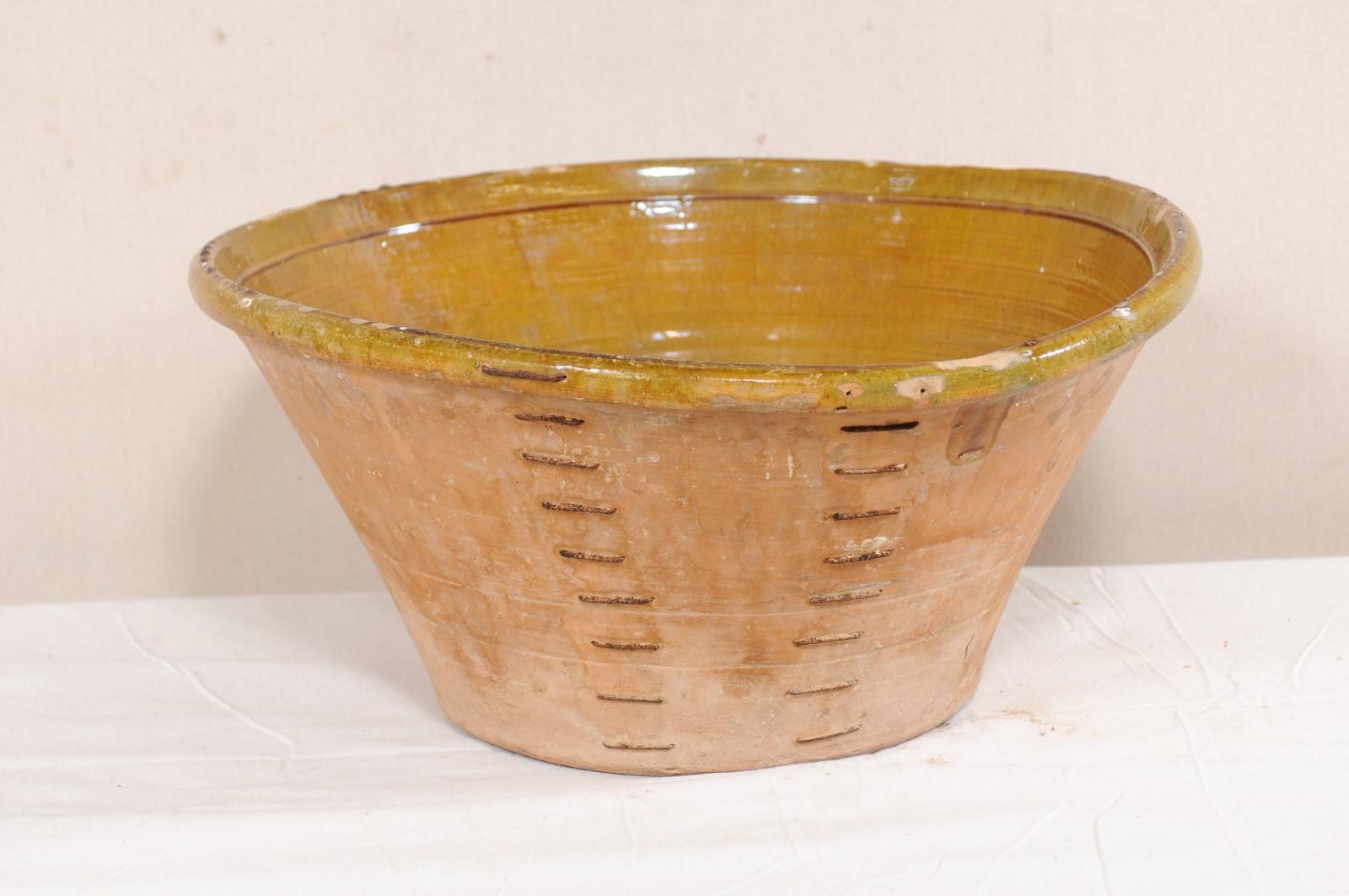 Spanish Terracotta Bowl w/ Muted Yellow & Pale Green Inner Glaze and Old Mending 2