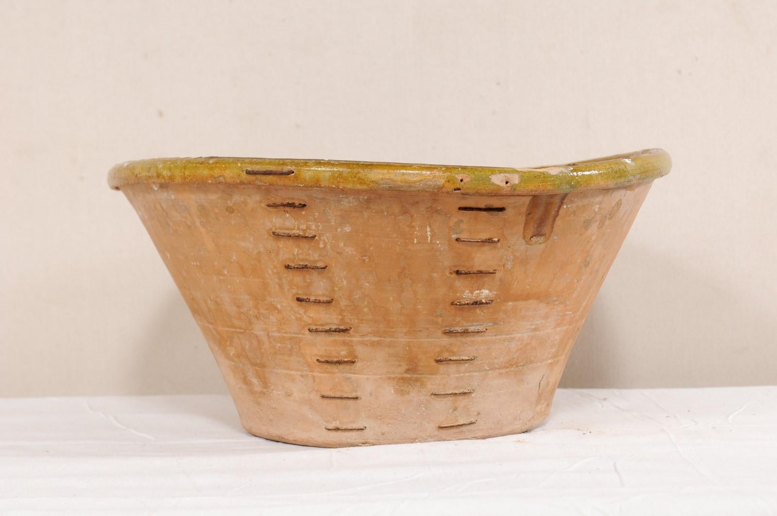 Spanish Terracotta Bowl w/ Muted Yellow & Pale Green Inner Glaze and Old Mending 3