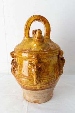 Spanish Terracotta Jug or Pitcher with Bas-Relief Christian Symboles, Midcentury