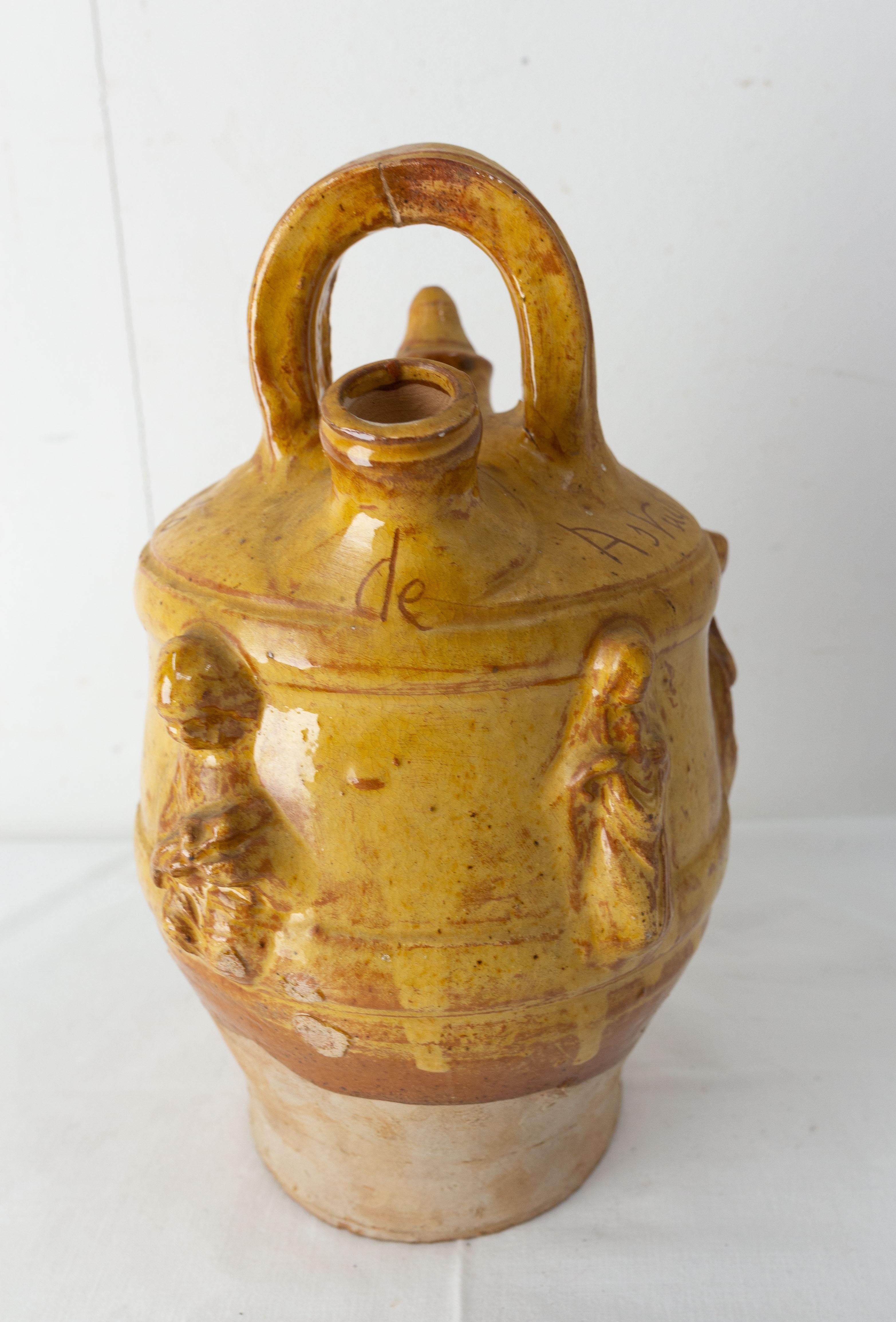 Spanish Terracotta Jug or Pitcher with Bas-Relief Christian Symboles, Midcentury In Good Condition For Sale In Labrit, Landes