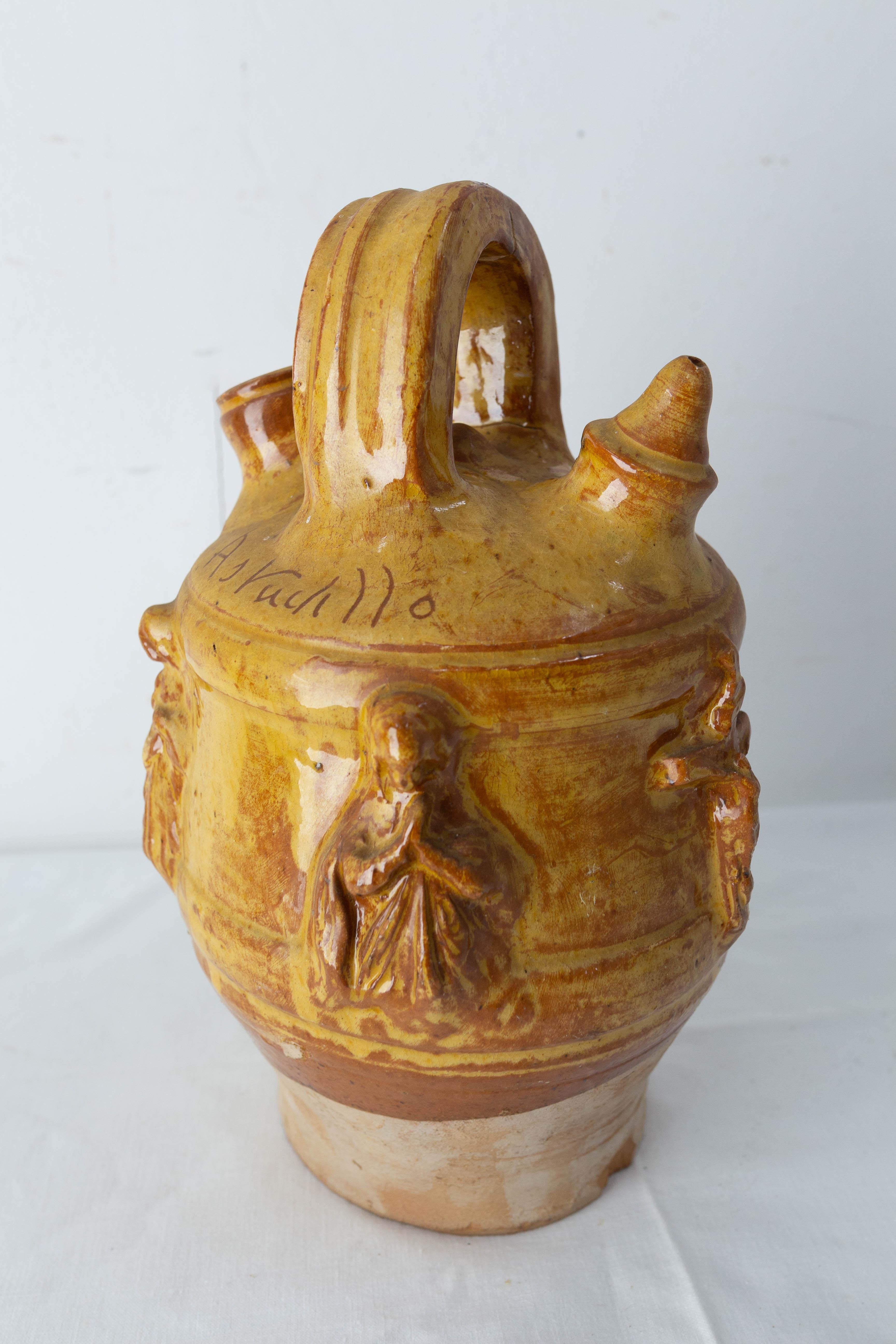 20th Century Spanish Terracotta Jug or Pitcher with Bas-Relief Christian Symboles, Midcentury For Sale