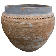 Antique Spanish Terracotta Planter with Decorative Sculpted Lines and Worn Blue Glaze