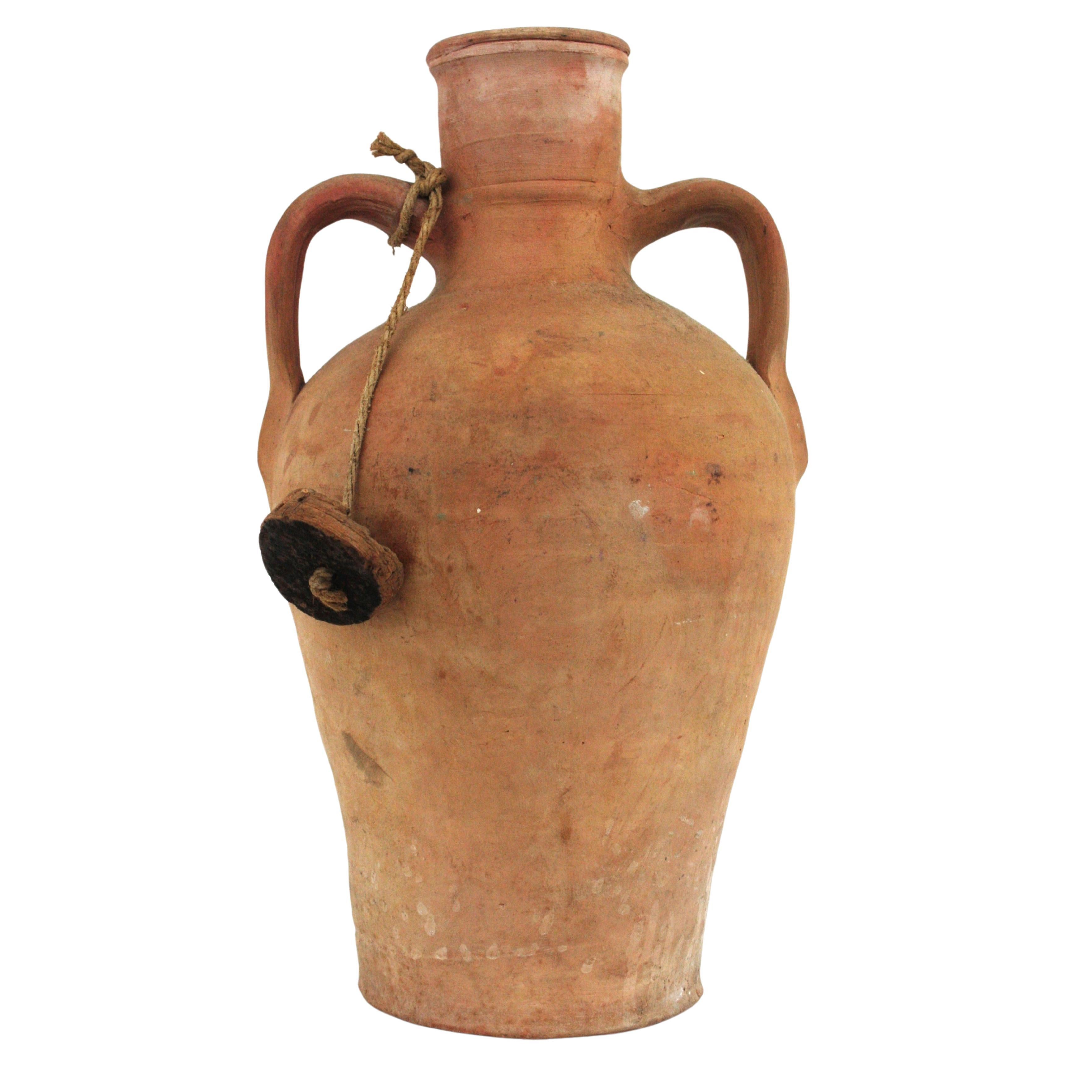 Hand-Crafted Spanish Terracotta Water Jar with Cork Plug For Sale