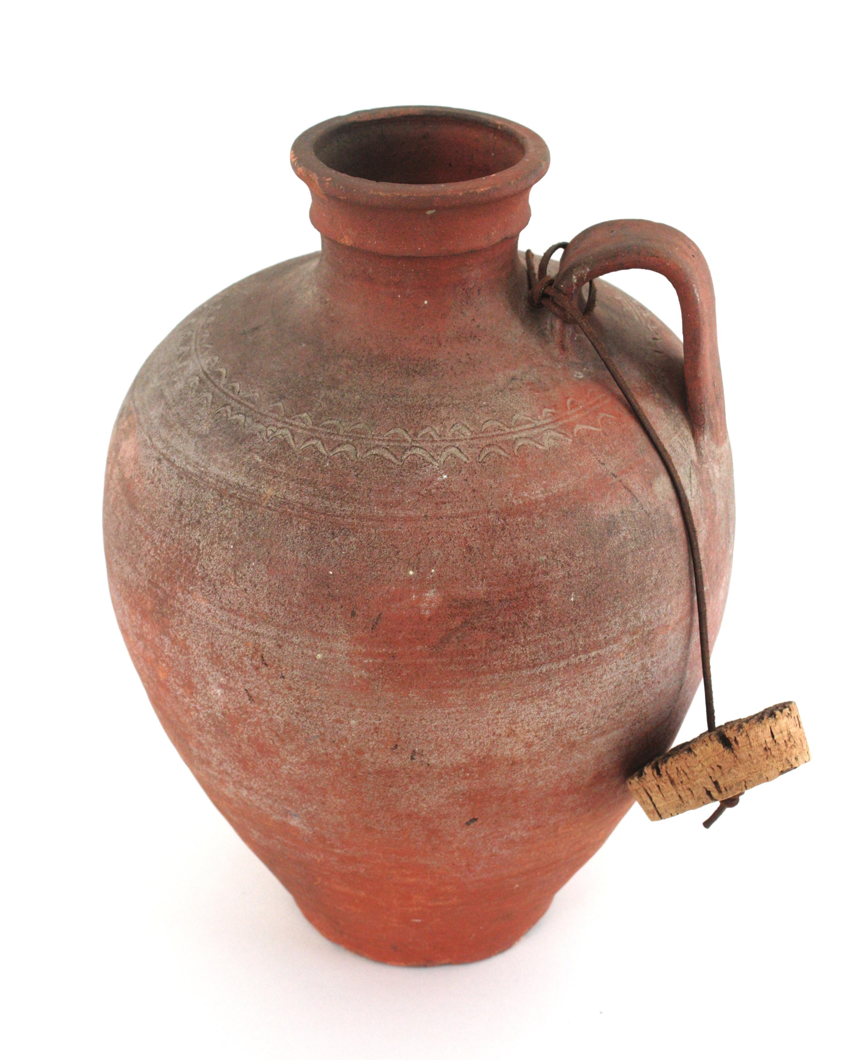Spanish Terracotta Water Jar with Single Handle and Cork Plug For Sale 11
