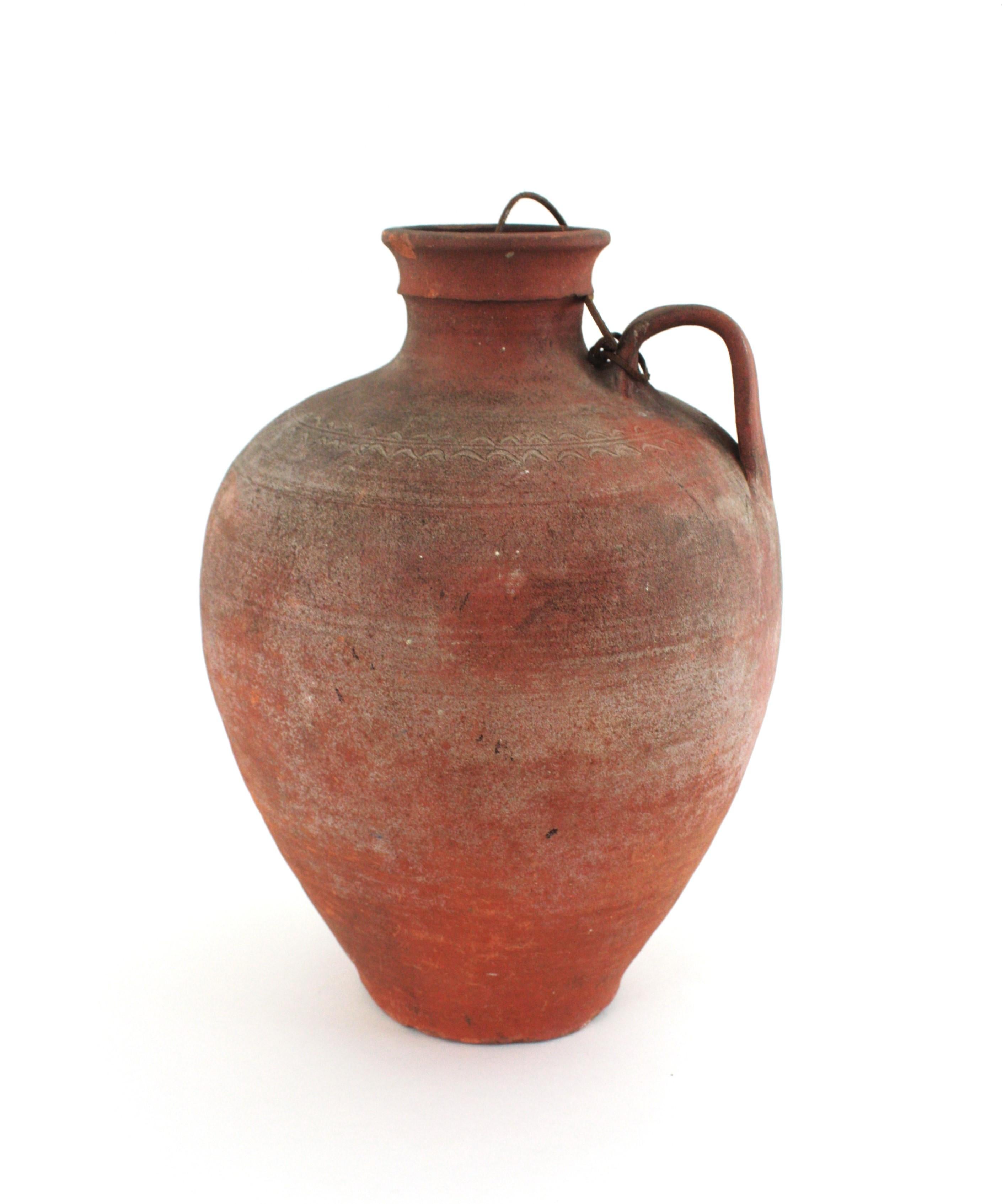 Rustic Spanish Terracotta Water Jar with Single Handle and Cork Plug For Sale